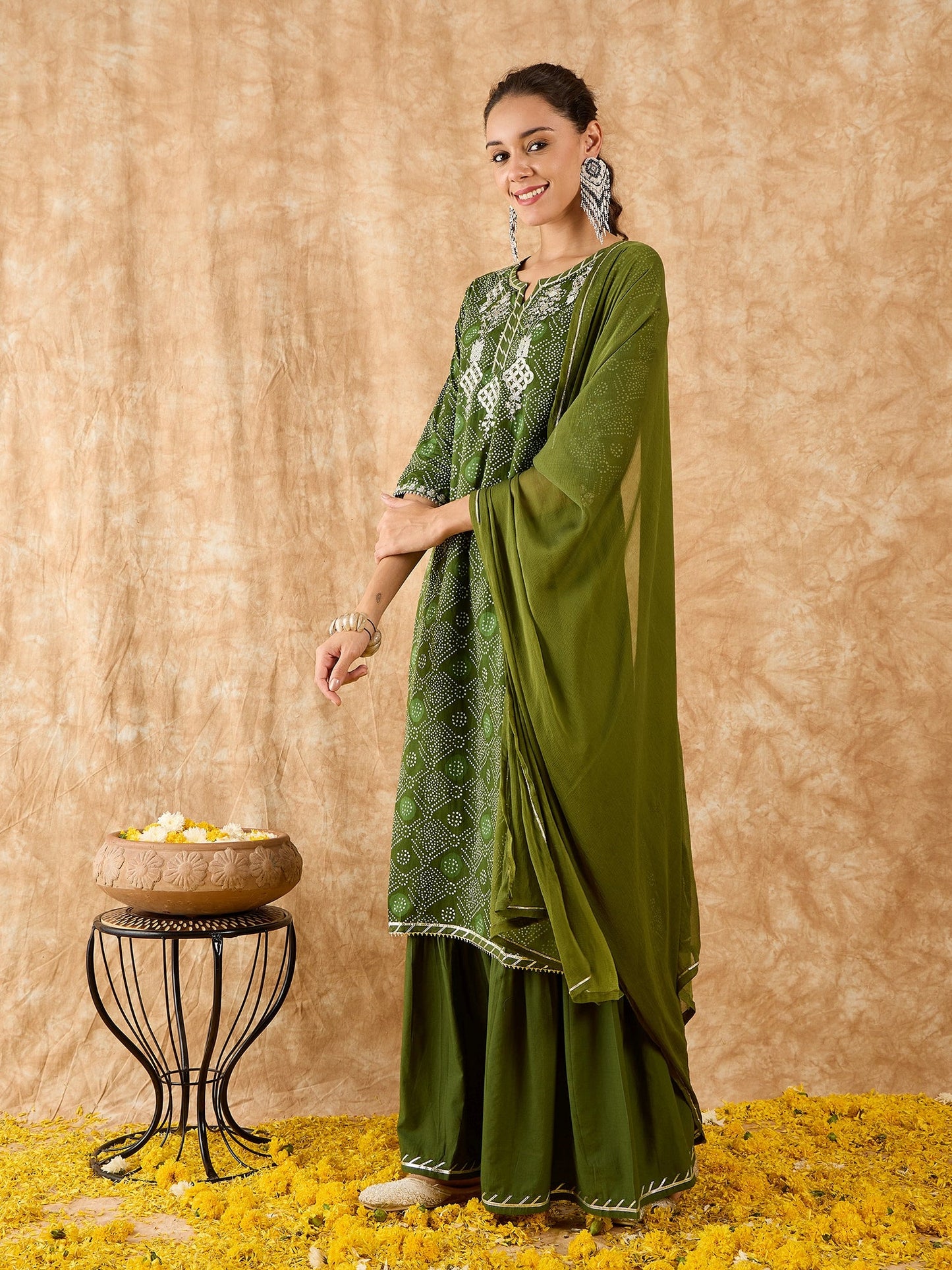 Indo Era Green Printed Straight Kurta Sharara With Dupatta Set