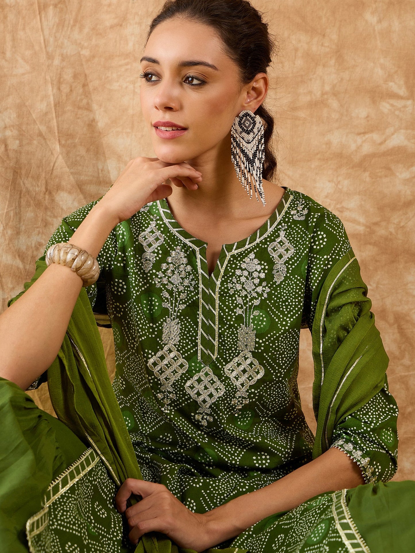 Indo Era Green Printed Straight Kurta Sharara With Dupatta Set