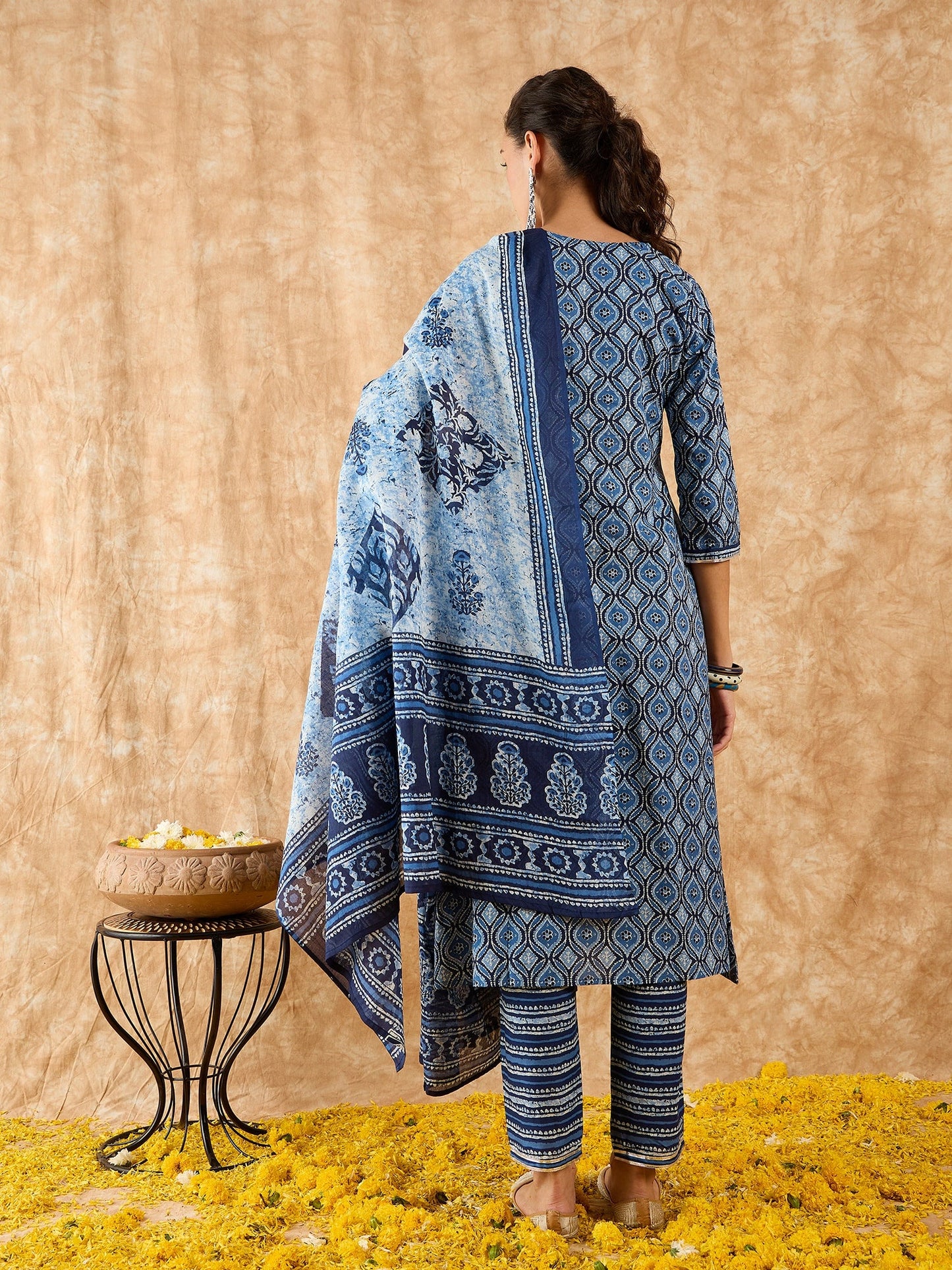 Indo Era Blue Printed A-line Kurta Trouser With Dupatta Set