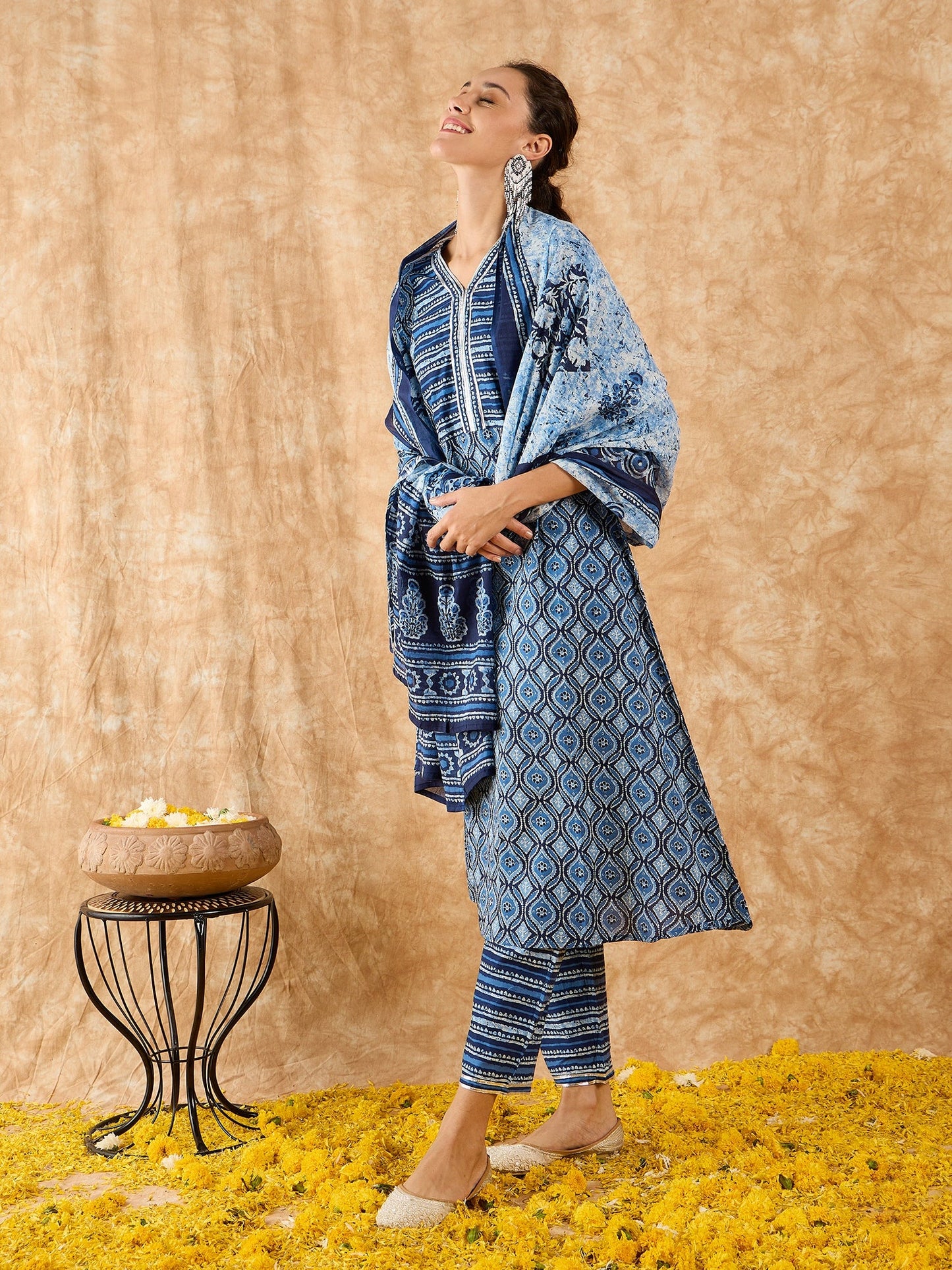 Indo Era Blue Printed A-line Kurta Trouser With Dupatta Set