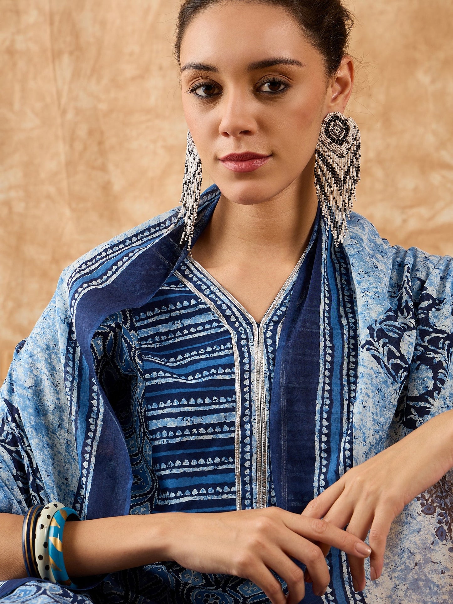 Indo Era Blue Printed A-line Kurta Trouser With Dupatta Set