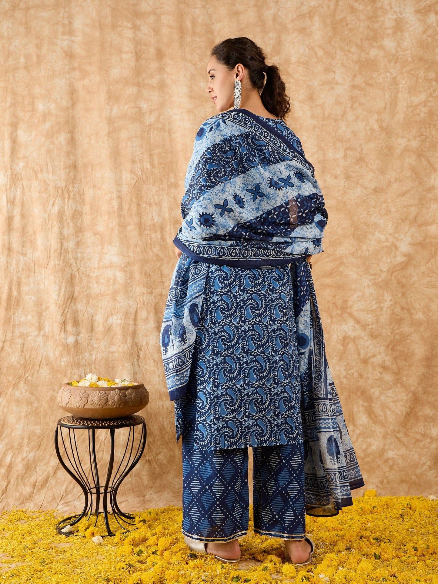 Indo Era Blue Printed Straight Kurta Palazzo With Dupatta Set