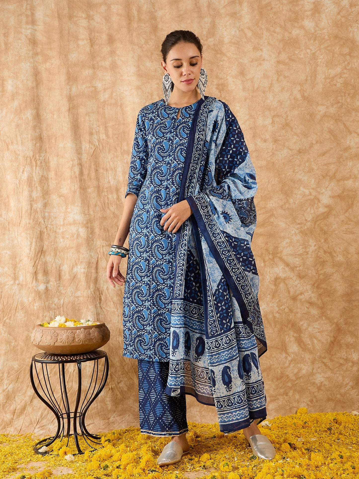 Indo Era Blue Printed Straight Kurta Palazzo With Dupatta Set