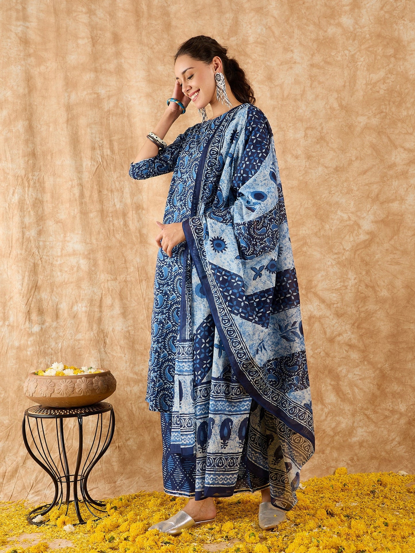 Indo Era Blue Printed Straight Kurta Palazzo With Dupatta Set