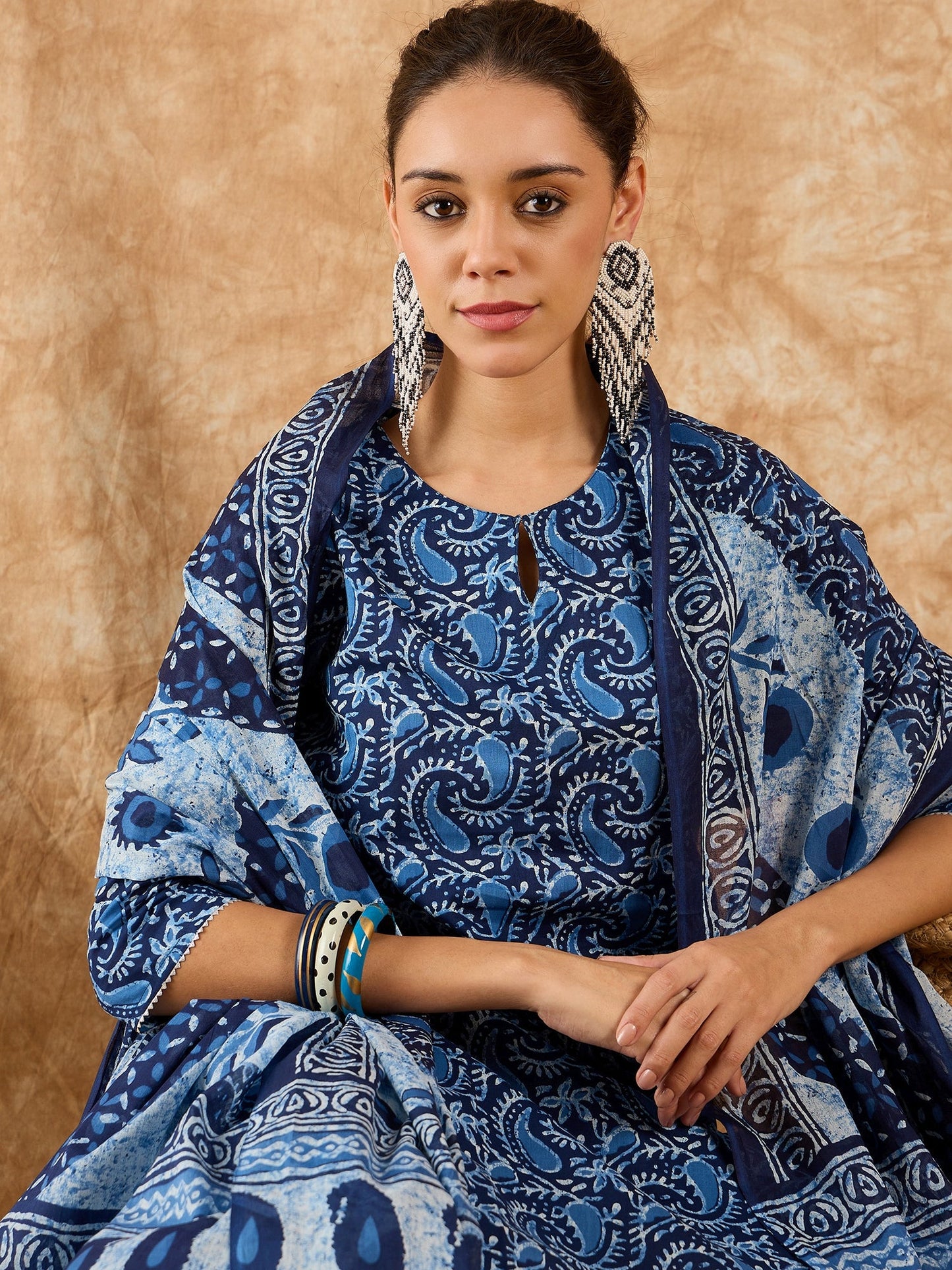 Indo Era Blue Printed Straight Kurta Palazzo With Dupatta Set