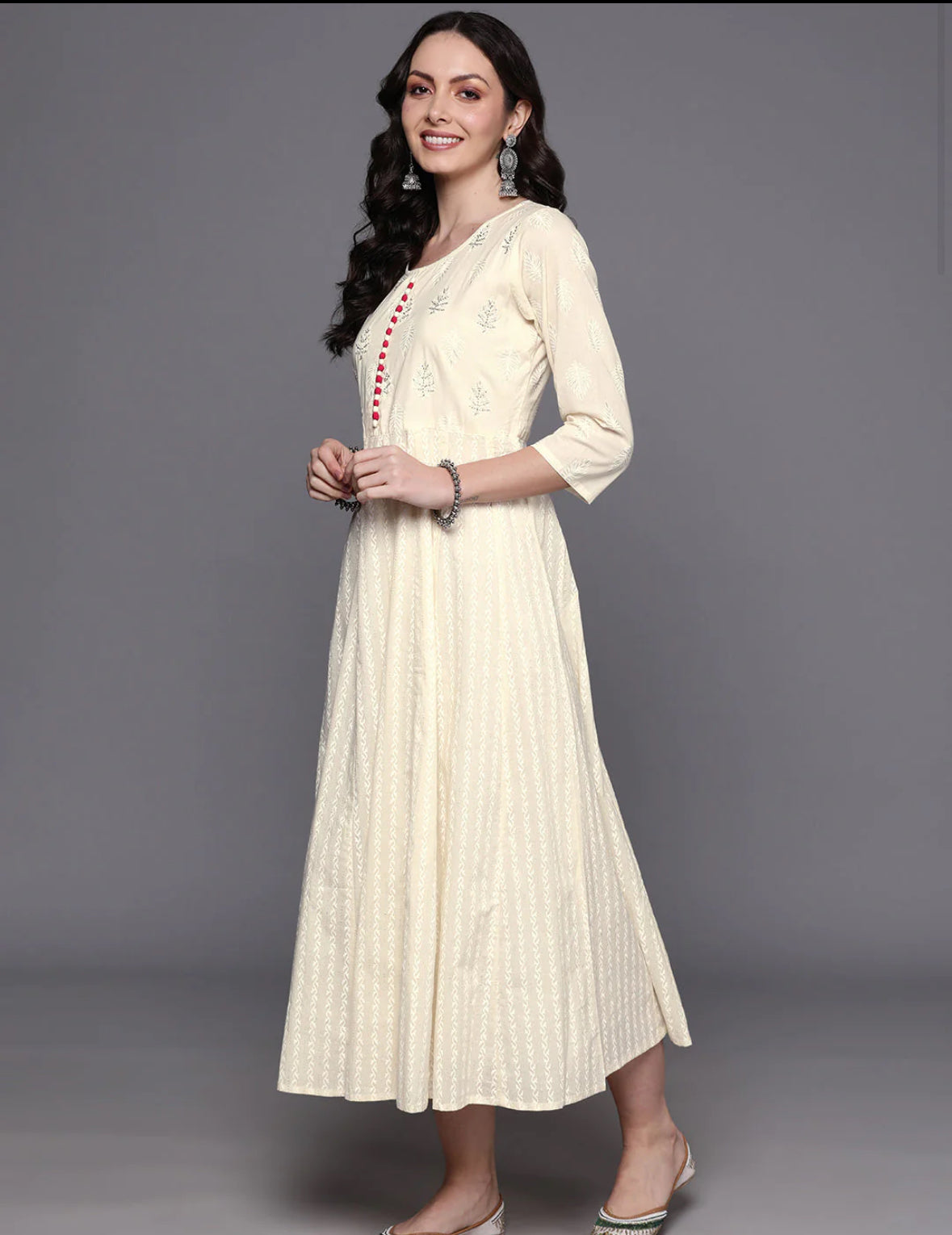 Off- White Floral Embroidered Anarkali Dress With Dupatta Set Indo-Silae