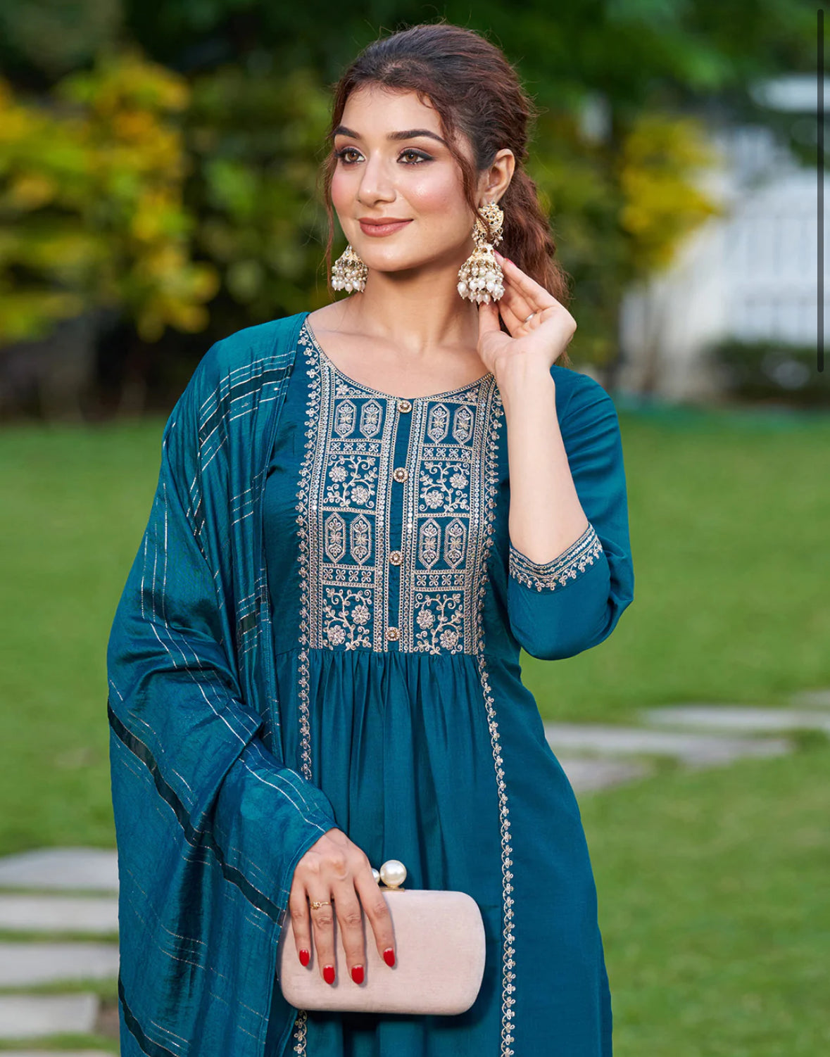 Teal Embroidered Straight Kurta Trousers With Dupatta Set