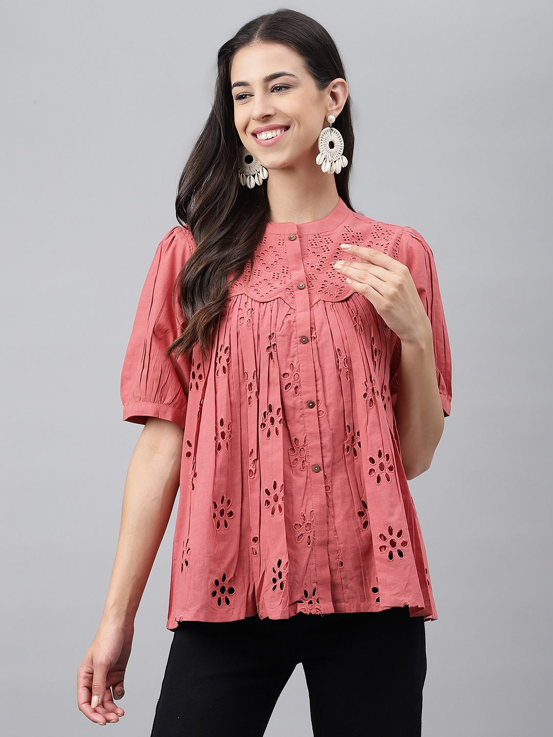 Pink Cotton Schiffli Gathered Top Silae