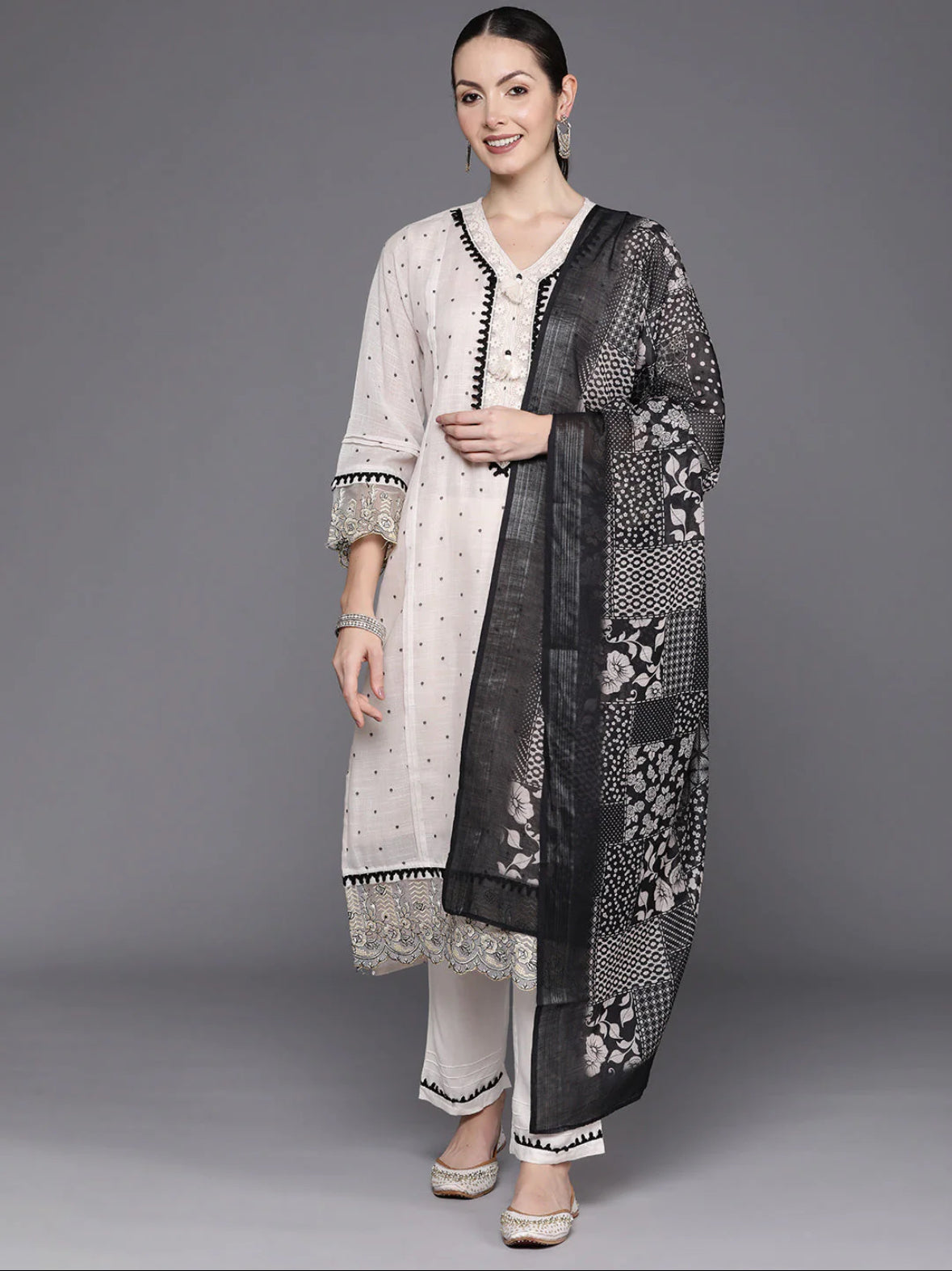 Cream Floral Embroidered Regular Thread Work Linen Kurta with Trousers & Dupatta Indo-Silae