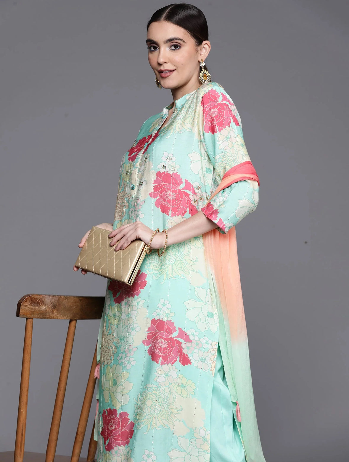 Sea Green Embroidered Ethnic Straight Kurta Trousers With Dupatta Set Indo-Silae
