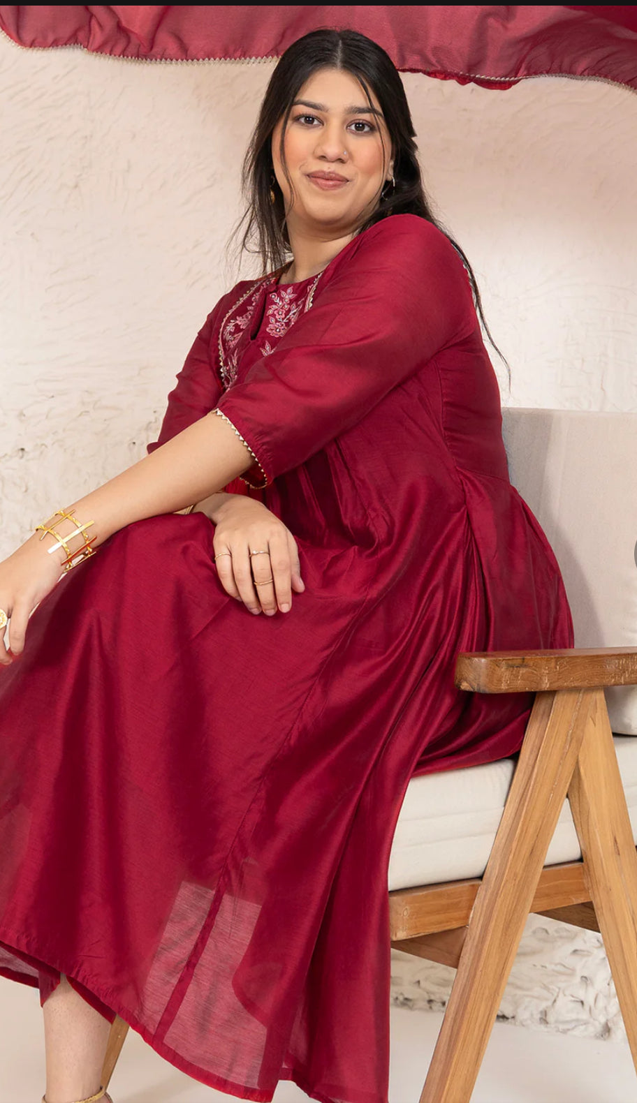 Red Chanderi Embellished Kurta with Palazzo and Dupatta