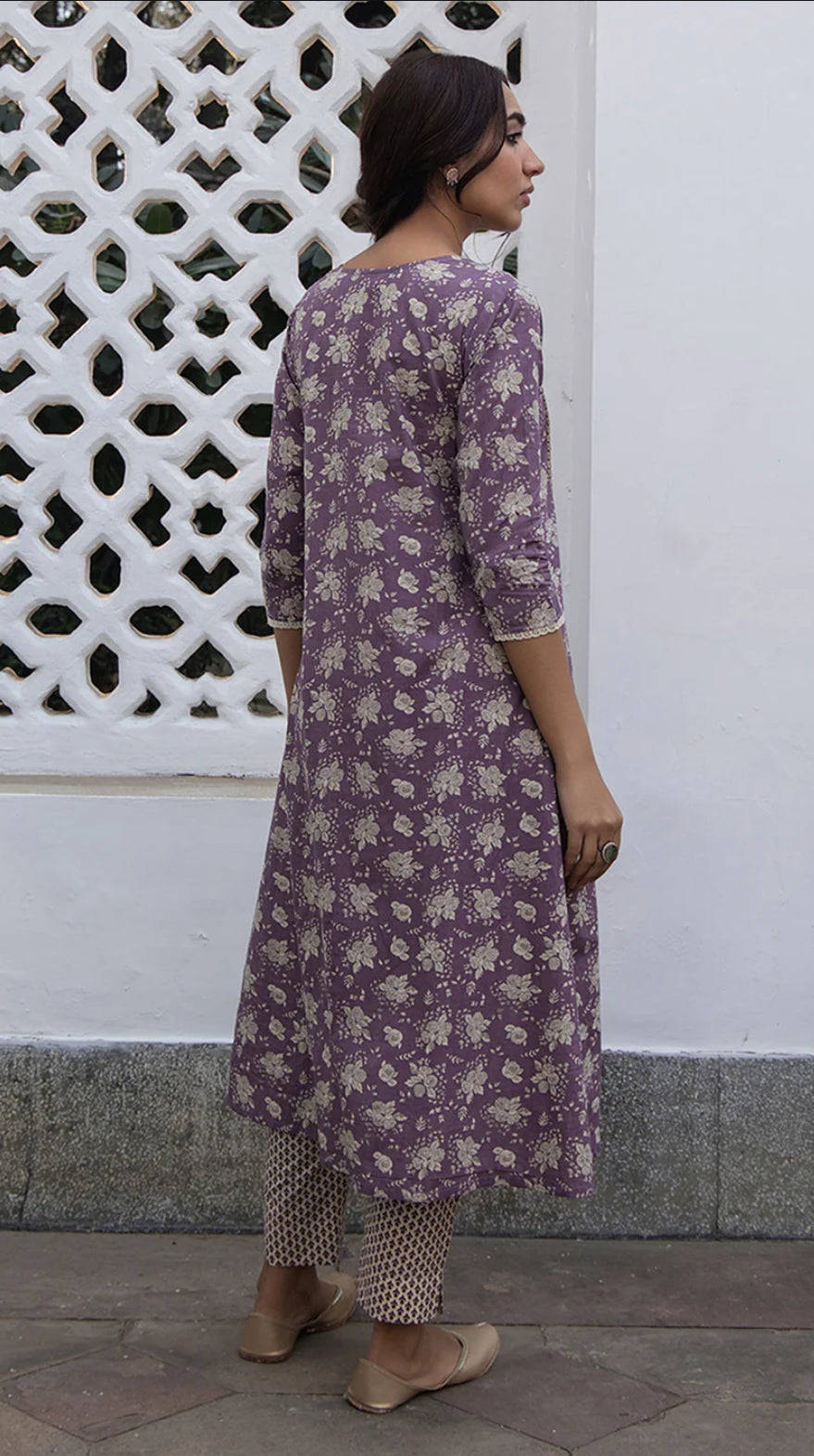 Purple Cotton Floral A-Line Kurta Set