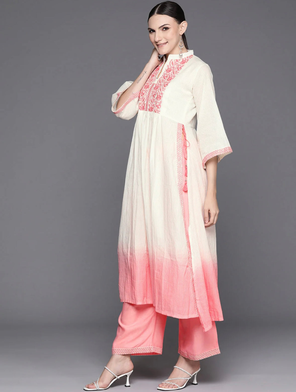 Pink Embroidered A-Line Kurta Trousers With Dupatta Set Indo-Silae