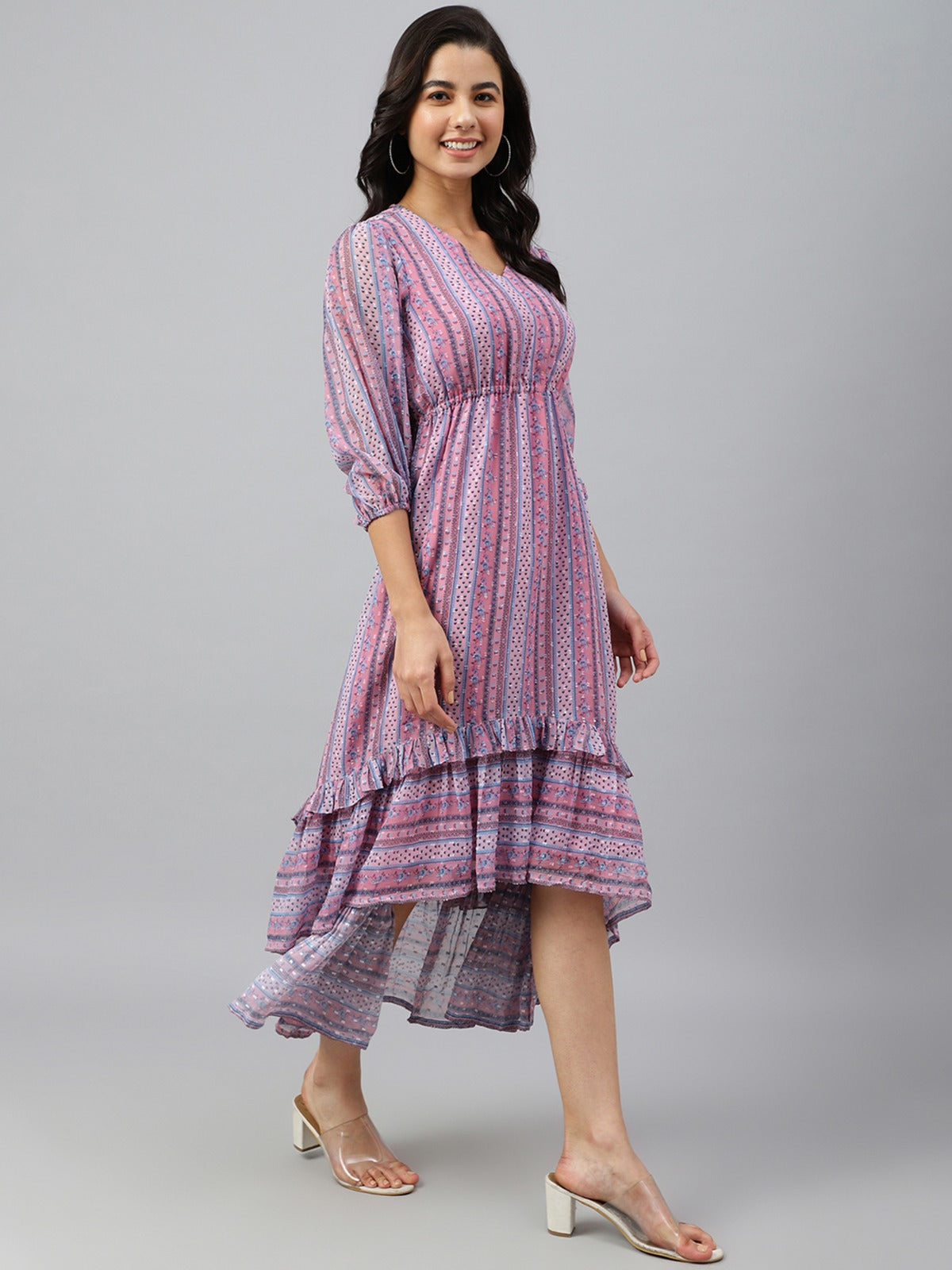 Women's Pink Dobby Georgette Digital Print High Low Western Dress My Store