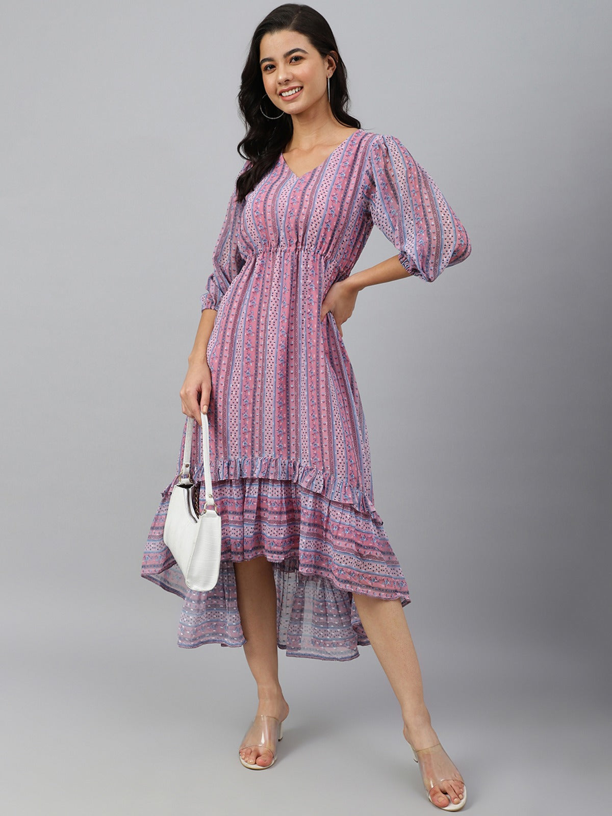 Women's Pink Dobby Georgette Digital Print High Low Western Dress My Store