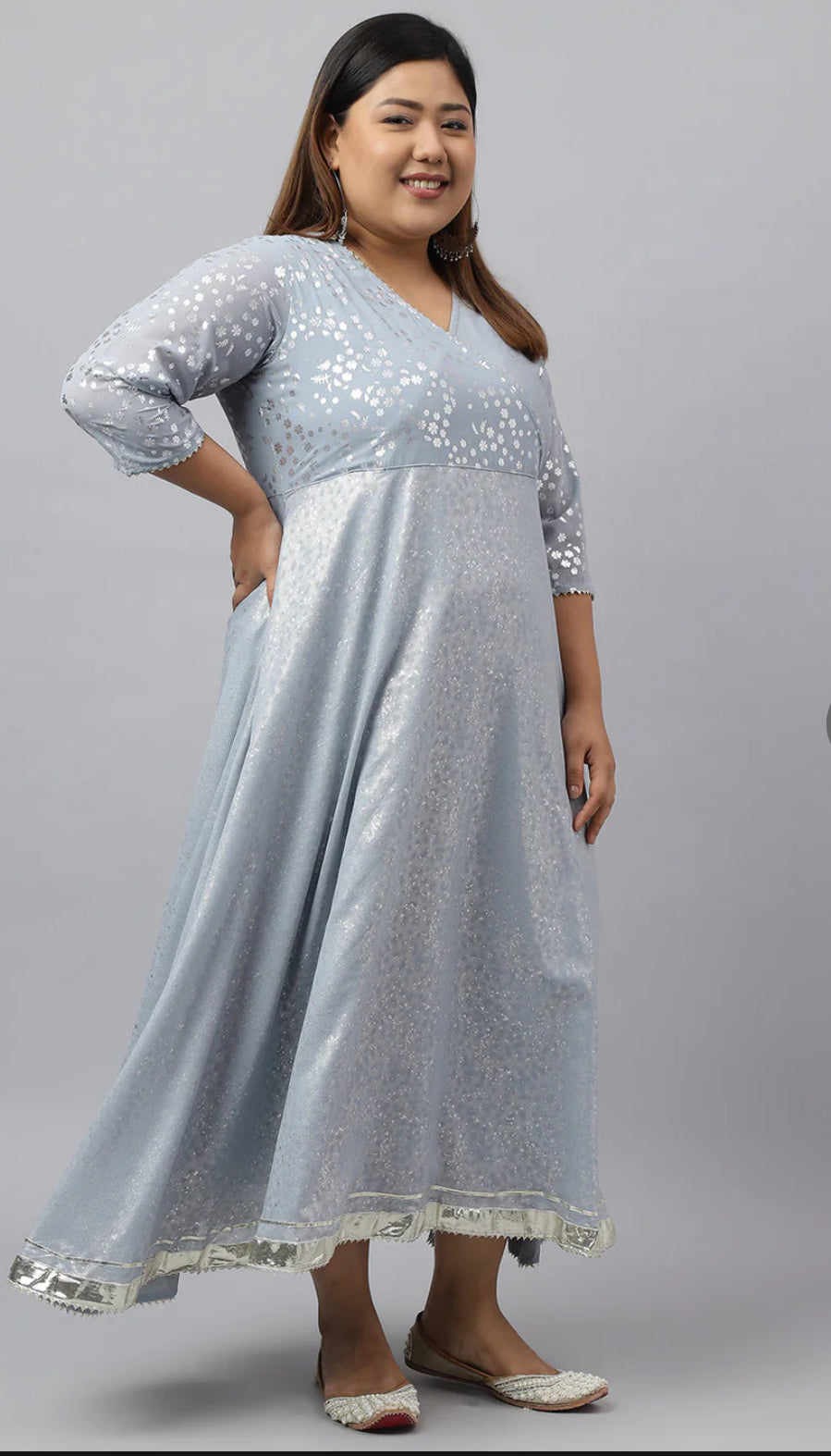 Grey Georgette Foil Printed Kurta with Dupatta