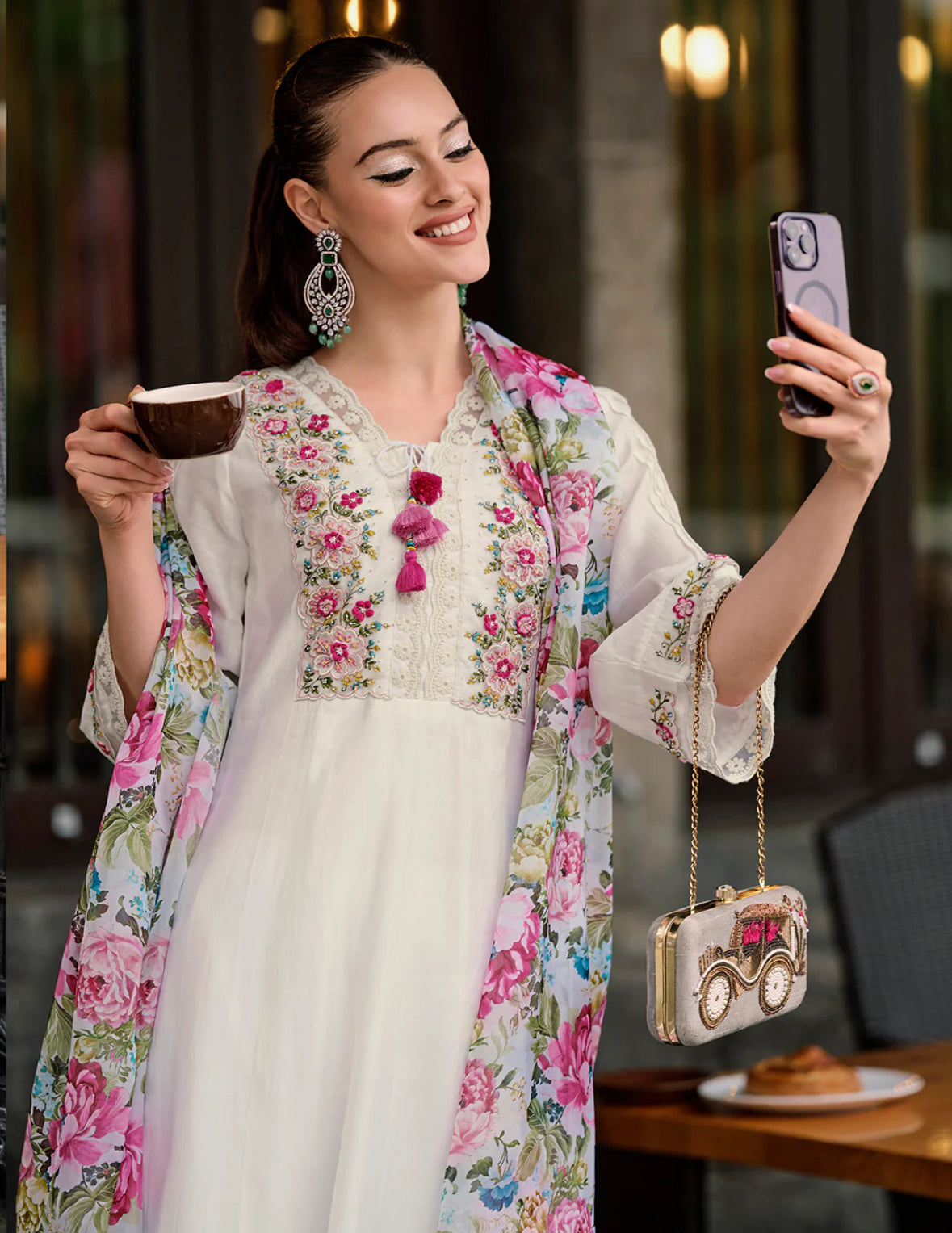 White Embroidered A-Line Kurta Trousers With Dupatta Set Indo-Silae