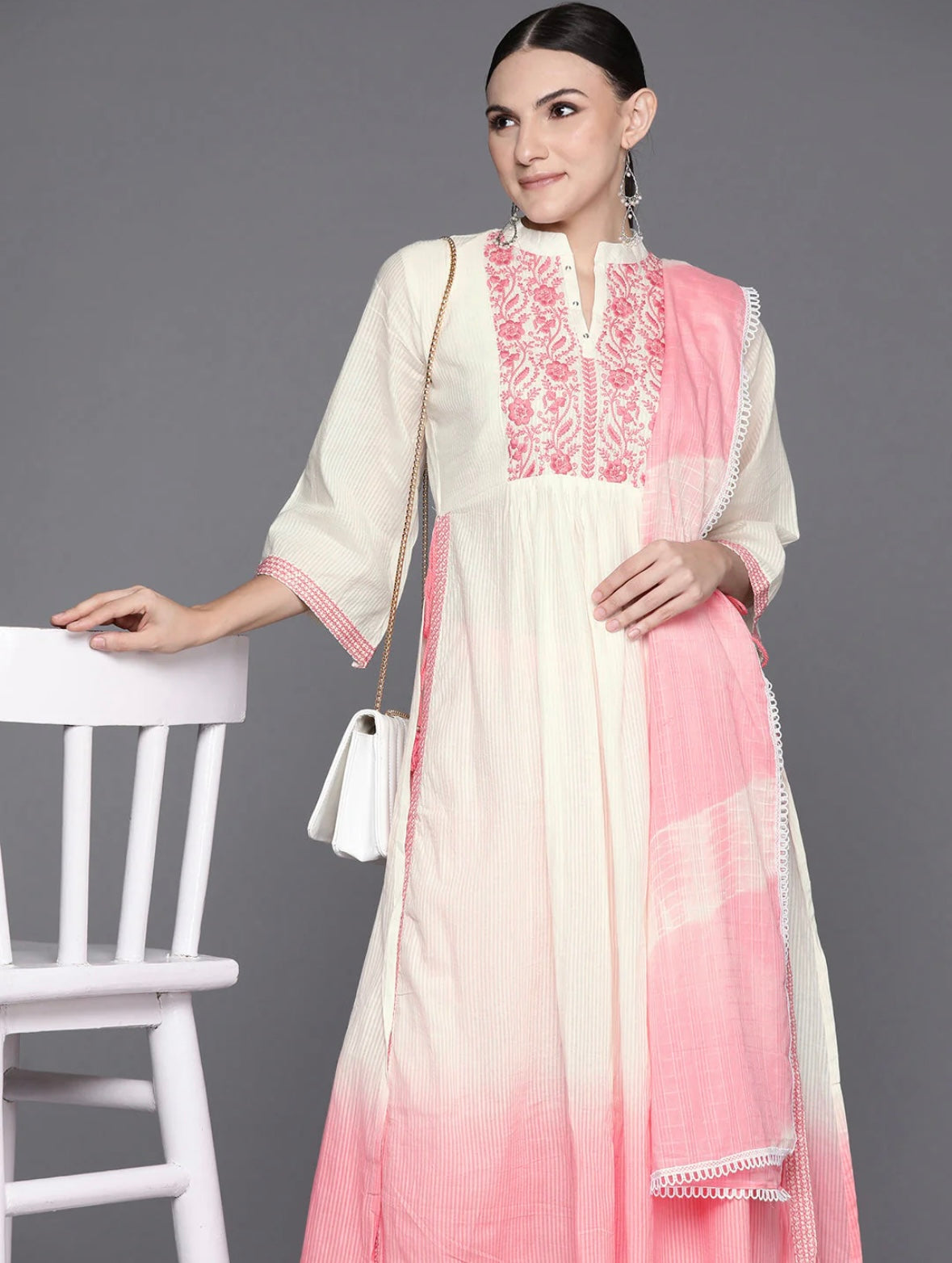 Pink Embroidered A-Line Kurta Trousers With Dupatta Set Indo-Silae