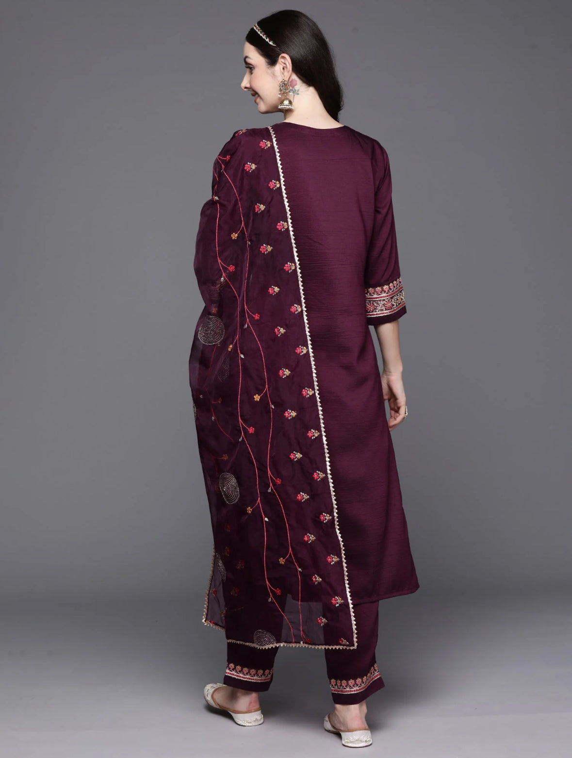 Wine Embroidered Straight Kurta Trousers With Dupatta Set Indo-Silae