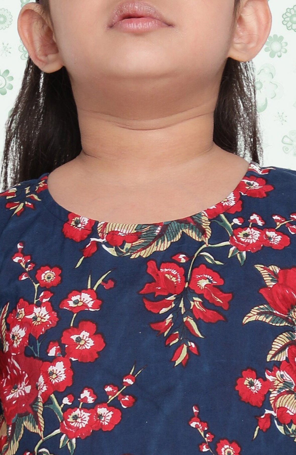 Girls Navy Blue Floral Printed Cotton A-Line Dress Indo-Silae