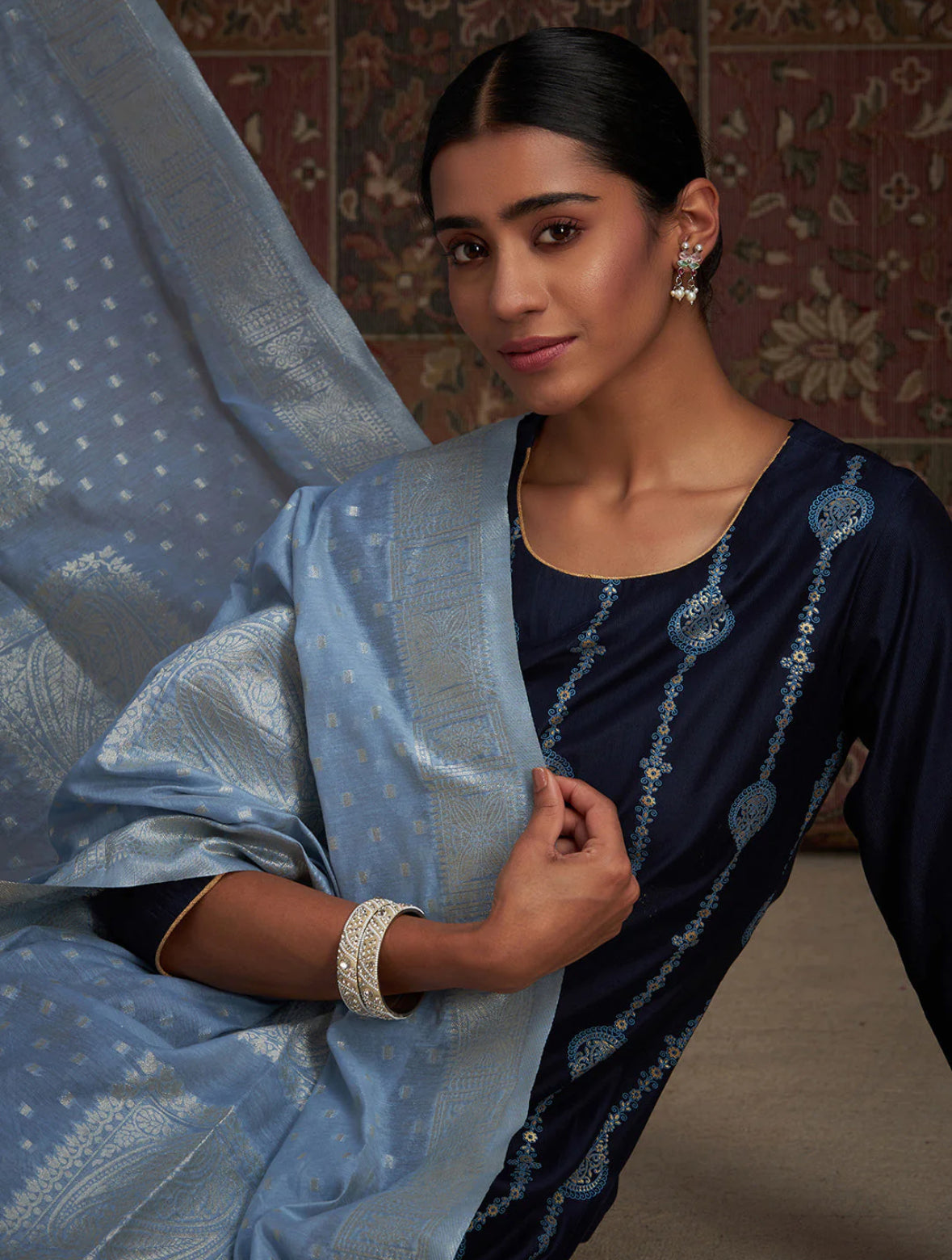 Navy Blue Embroidered Straight Kurta Palazzos With Dupatta Set Indo-Silae