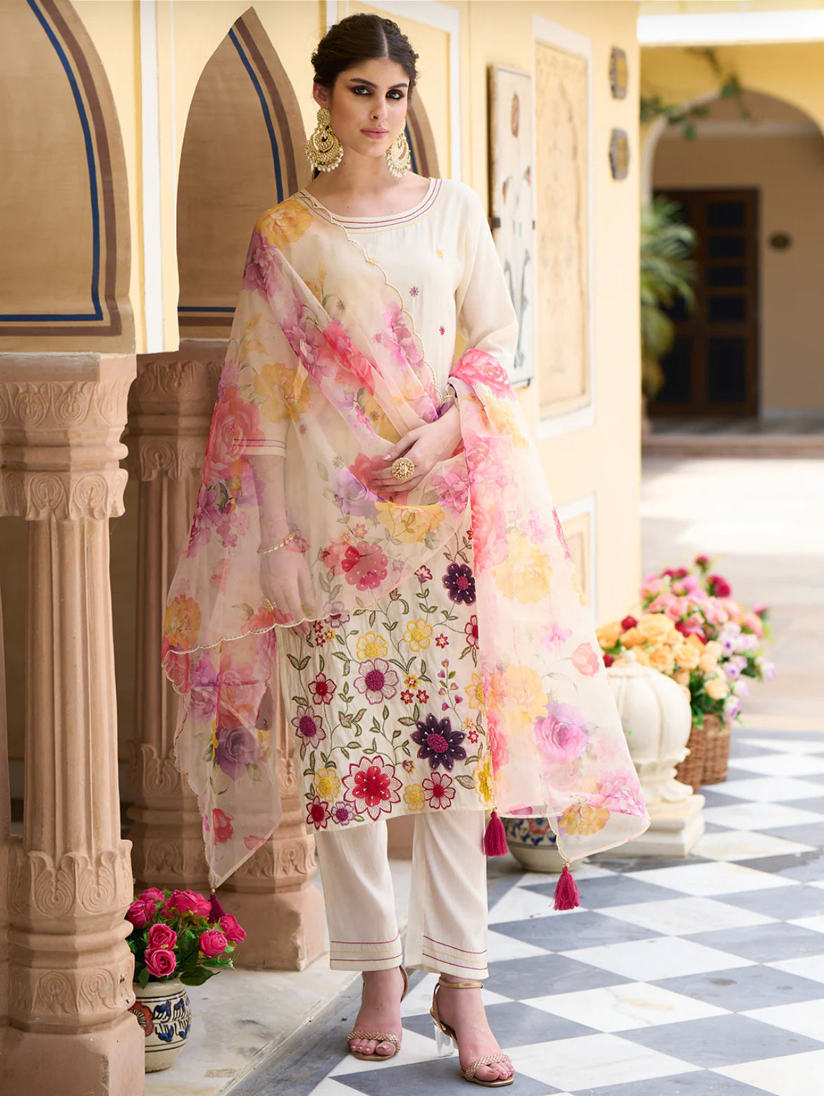 Off White Embroidered Straight Kurta Trousers With Dupatta Set
