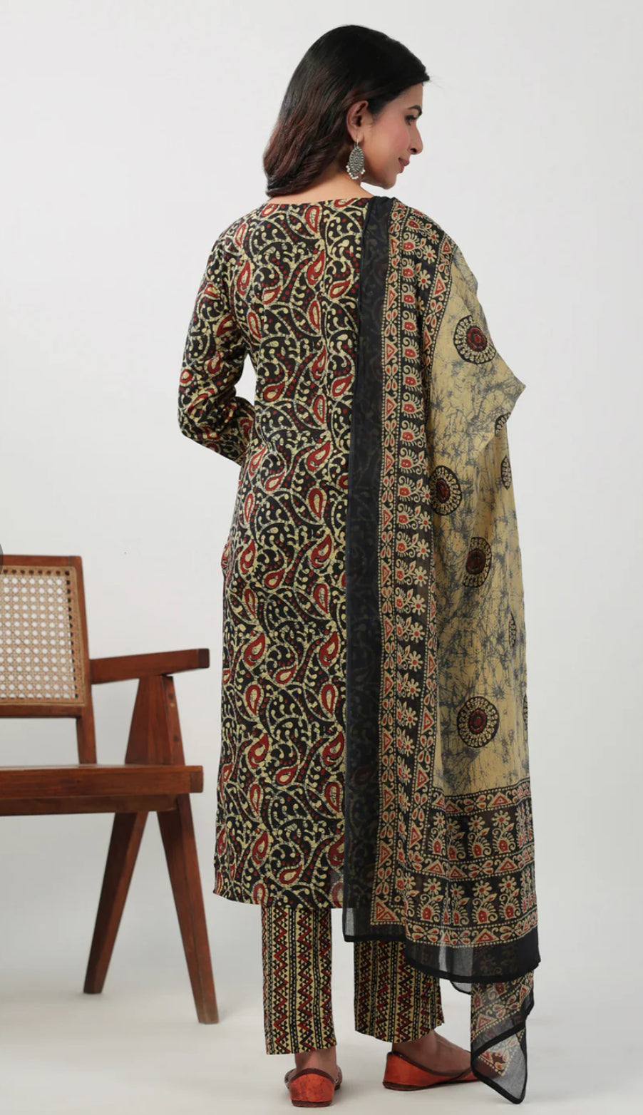 Black Cotton Batik Straight Kurta Set