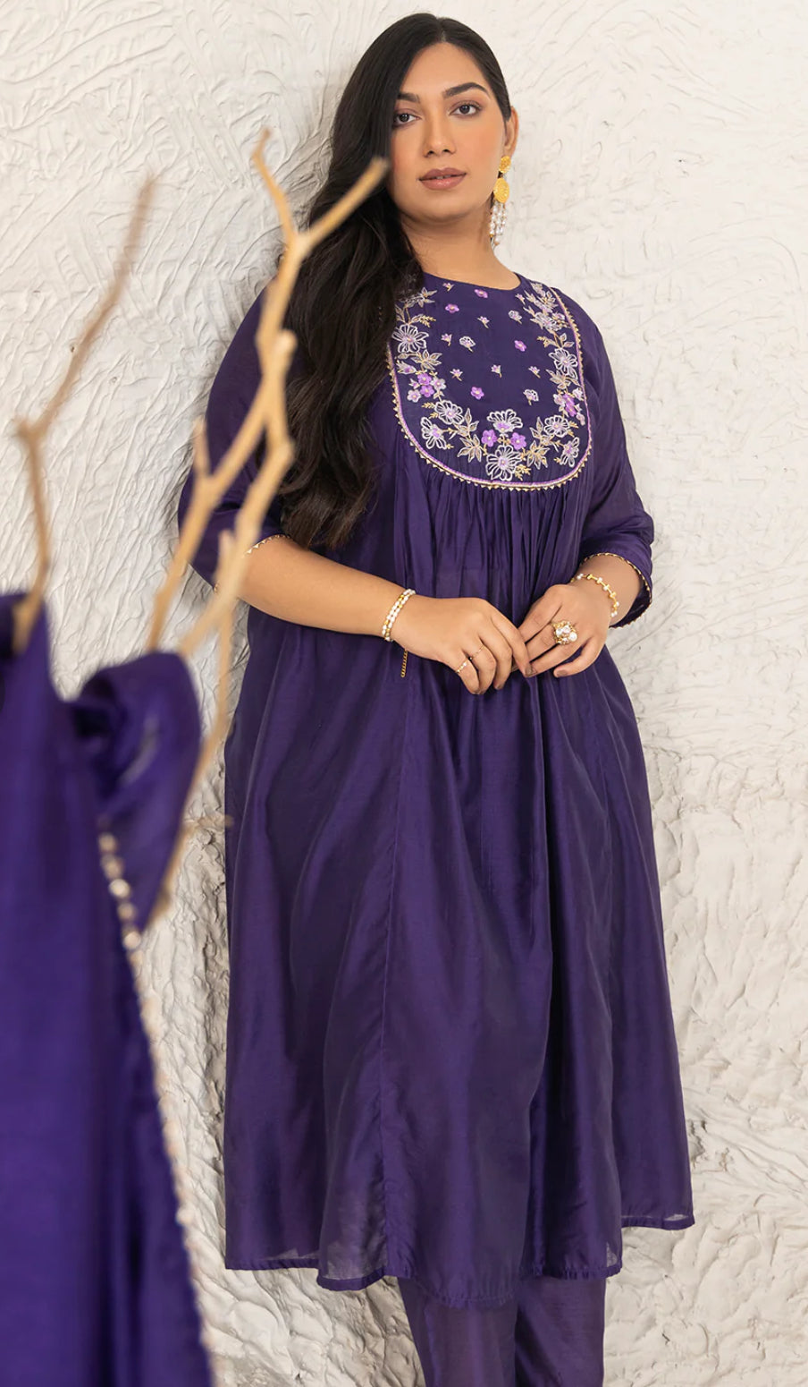 Purple Chanderi Yoke Embroidery A-Line Kurta Set