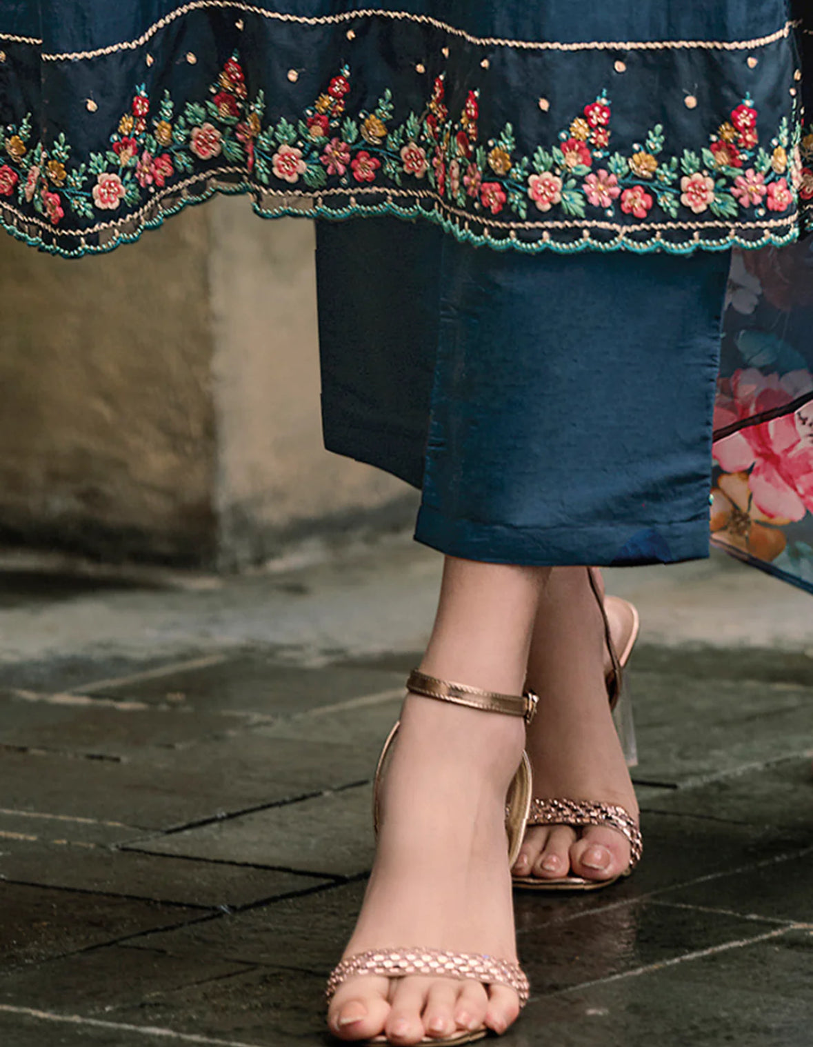 Blue Embroidered A-Line Kurta Trousers With Dupatta Set Indo-Silae
