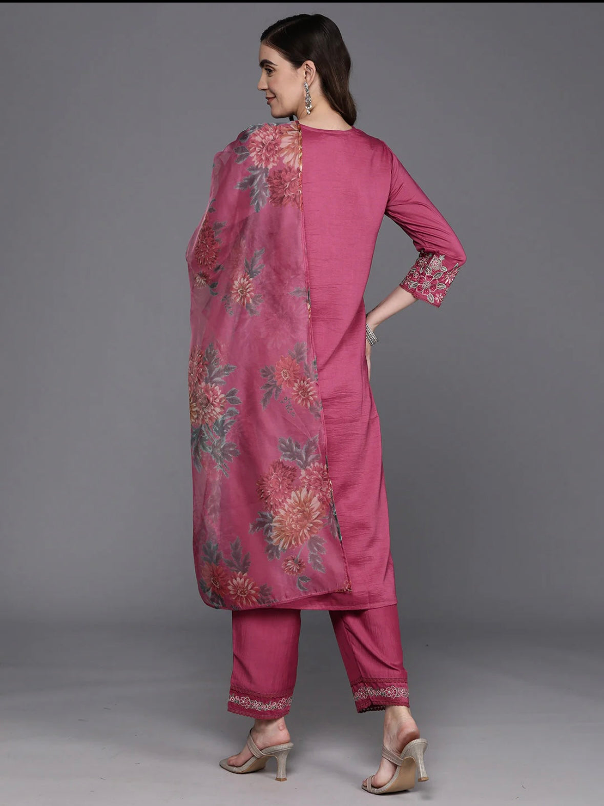 Pink Embroidered Straight Kurta Trousers With Dupatta Set Indo-Silae