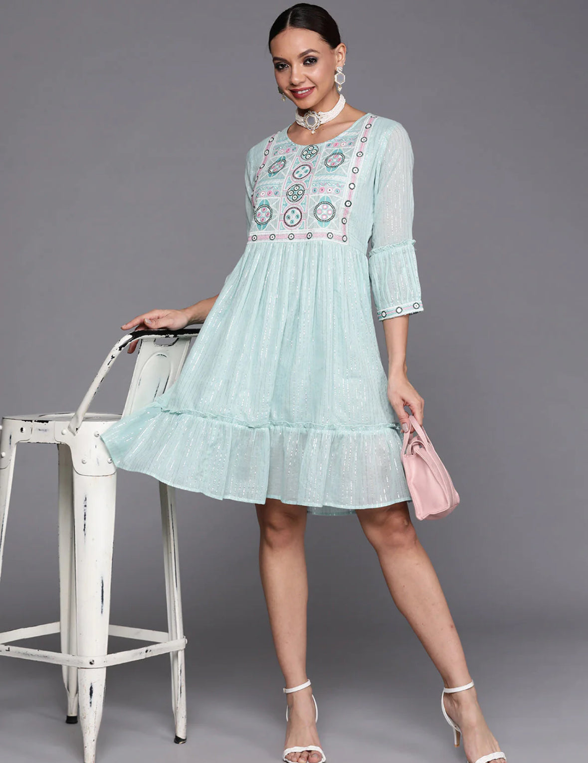 Blue Embroidered A-line Dress Indo-Silae
