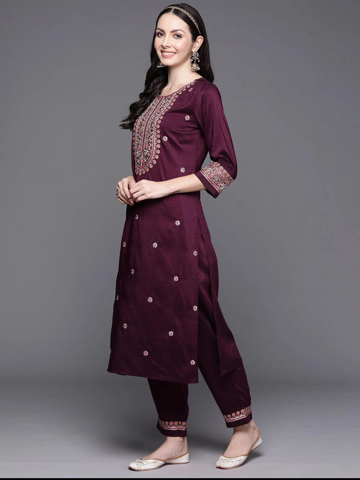 Wine Embroidered Straight Kurta Trousers With Dupatta Set Indo-Silae