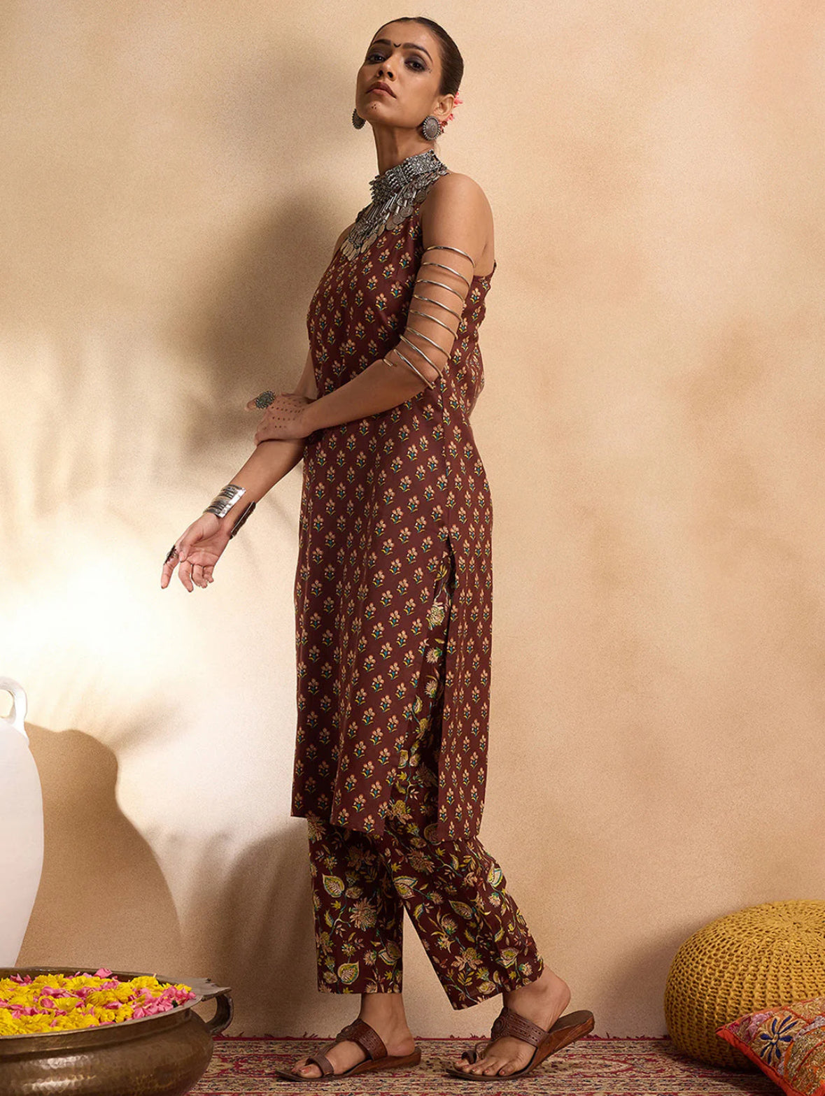 Brown Printed Straight Kurta Trousers set