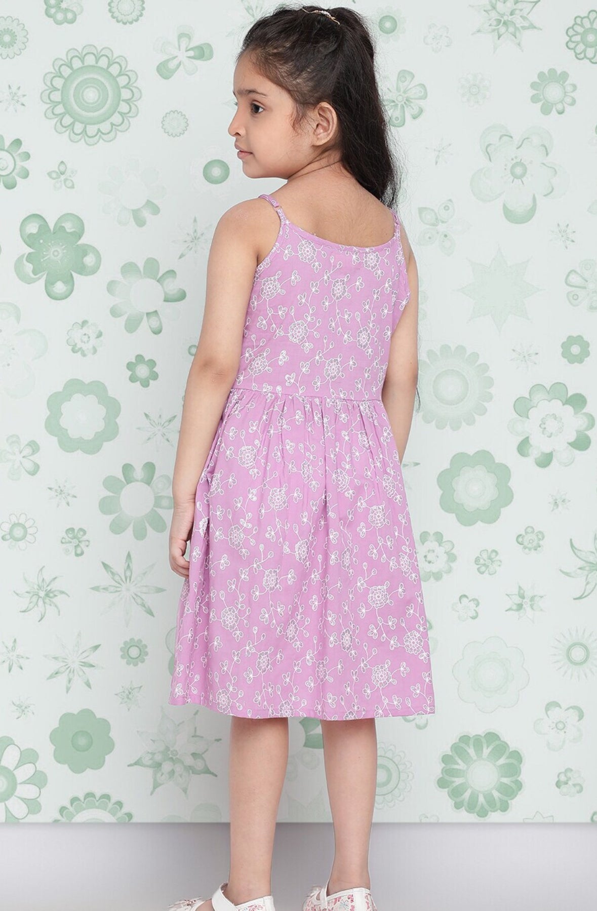 Girls Lavender Floral Printed Cotton Fit & Flare Dress Indo-Silae