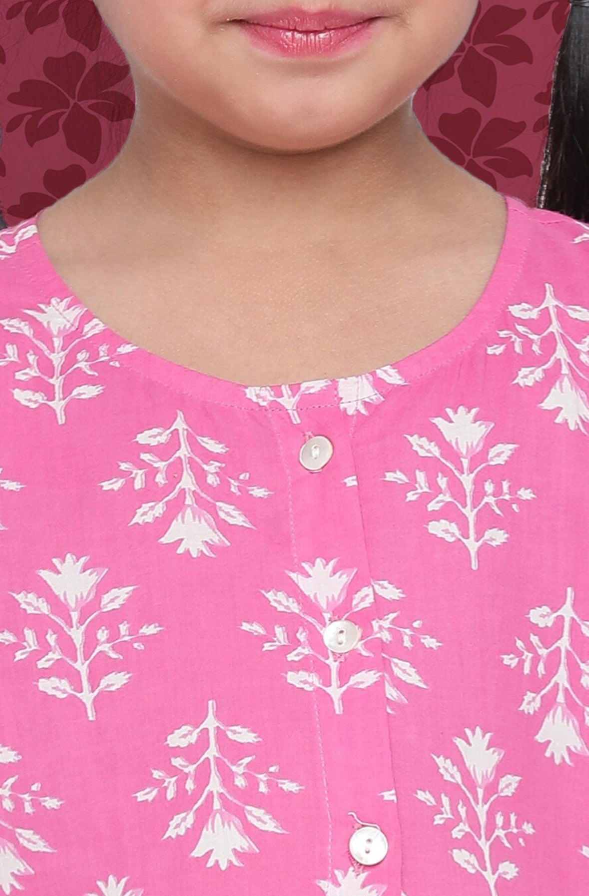 Girls Pink Floral Printed Bell Sleeve Cotton A-Line Dress Indo-Silae