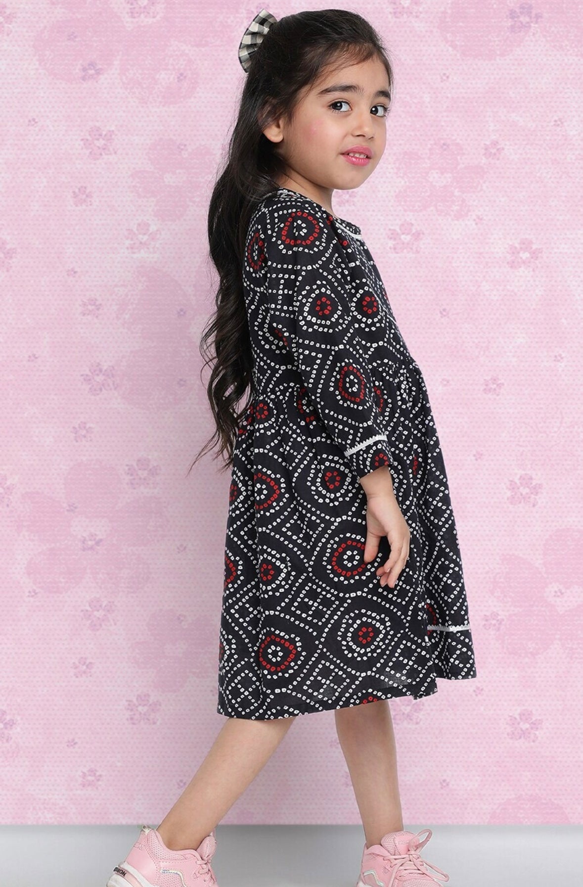 Girls Black Ethnic Print Pure Cotton Fit & Flare Dress Indo-Silae