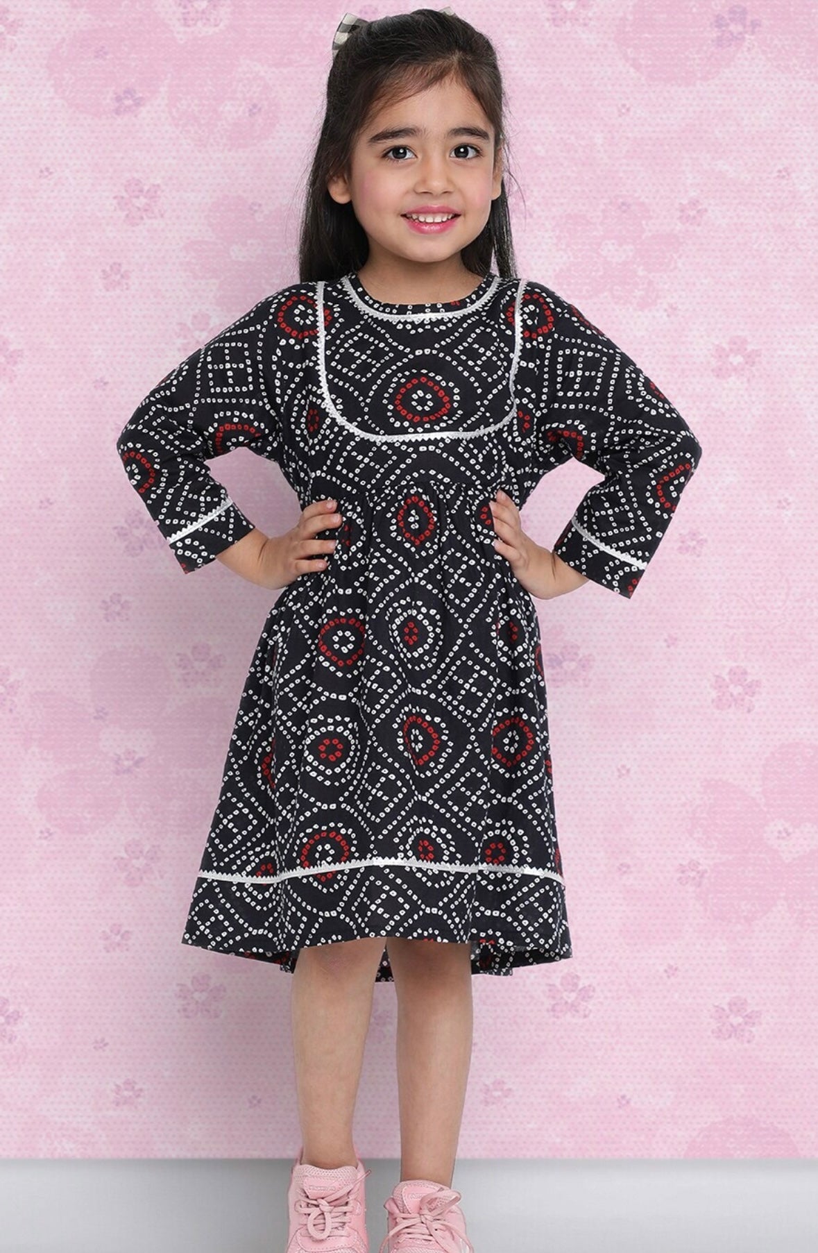 Girls Black Ethnic Print Pure Cotton Fit & Flare Dress Indo-Silae