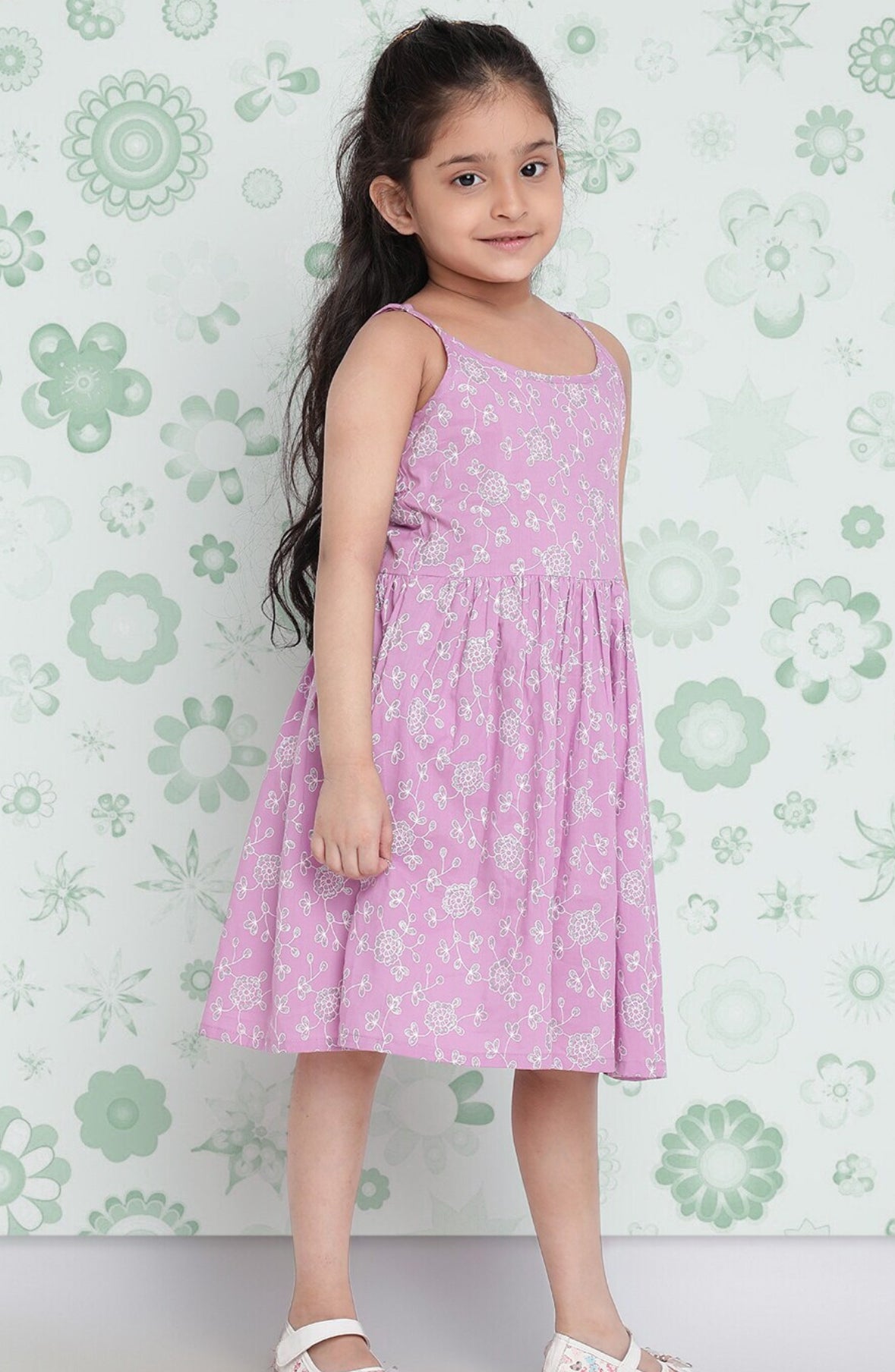 Girls Lavender Floral Printed Cotton Fit & Flare Dress Indo-Silae