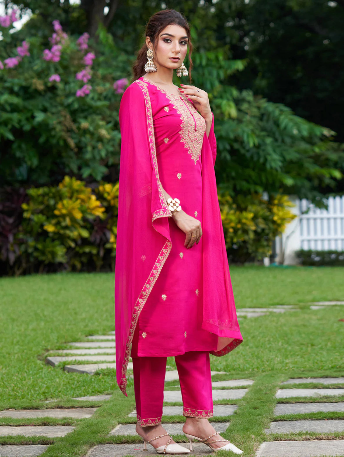 Pink Embroidered Straight Kurta Trousers With Dupatta Set