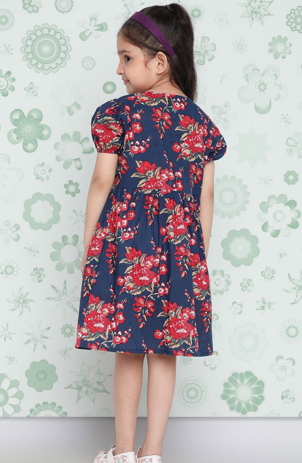 Girls Navy Blue Floral Printed Cotton A-Line Dress Indo-Silae