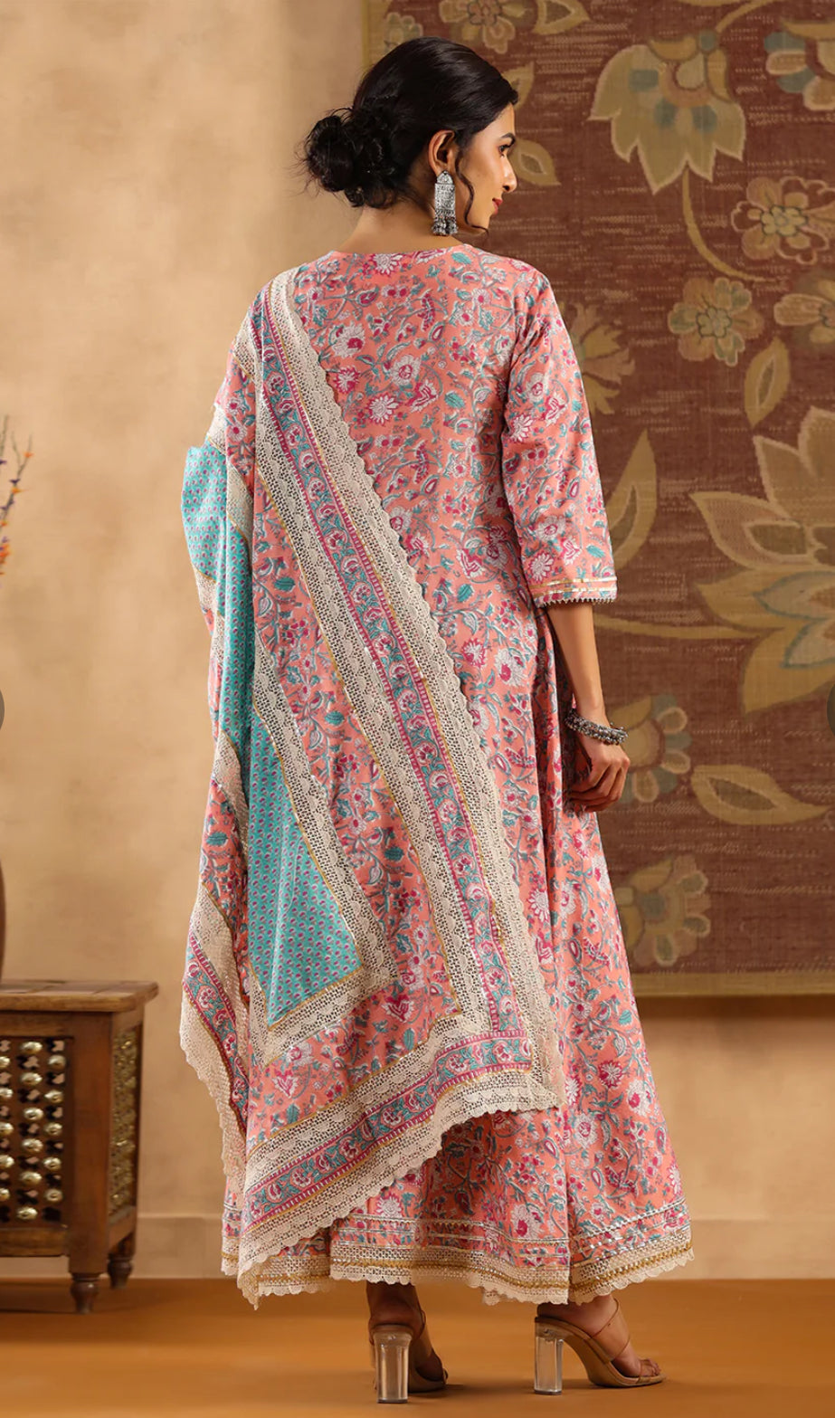 Peach Cotton Embellished Kurta with Pant and Dupatta