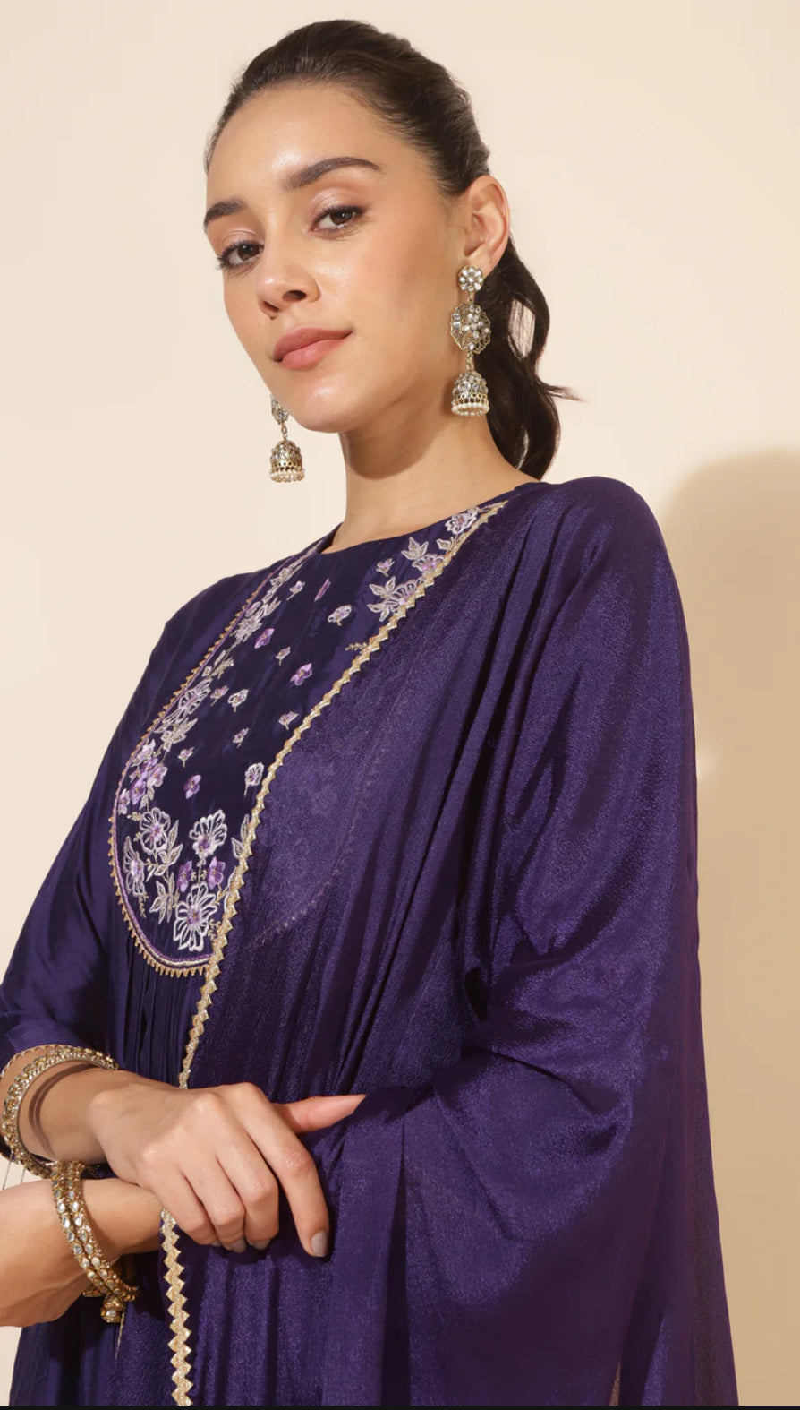 Purple Chanderi Yoke Embroidery A-Line Kurta Set