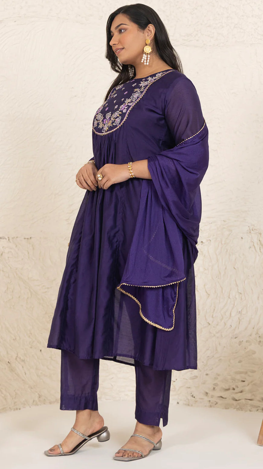 Purple Chanderi Yoke Embroidery A-Line Kurta Set