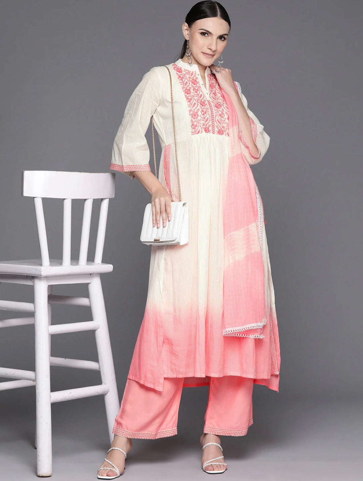 Pink Embroidered A-Line Kurta Trousers With Dupatta Set Indo-Silae