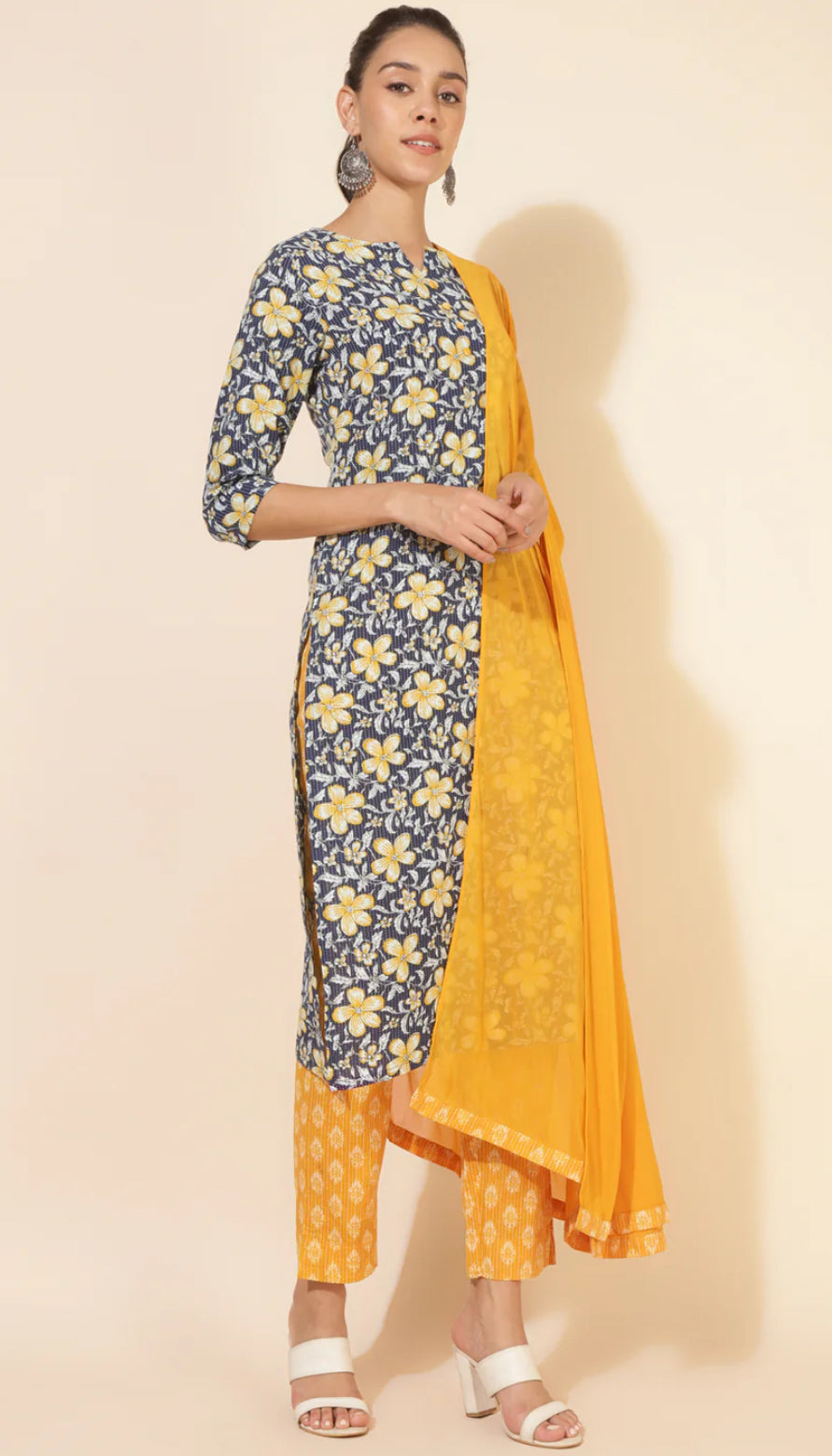 Blue Cotton Floral Regular Kurta Set