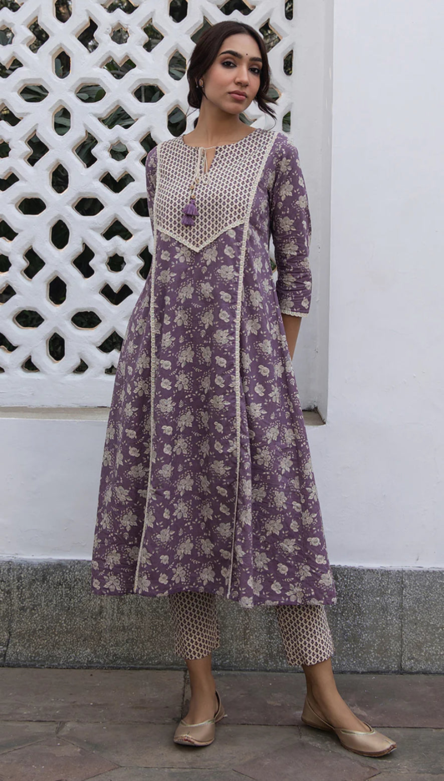 Purple Cotton Floral A-Line Kurta Set