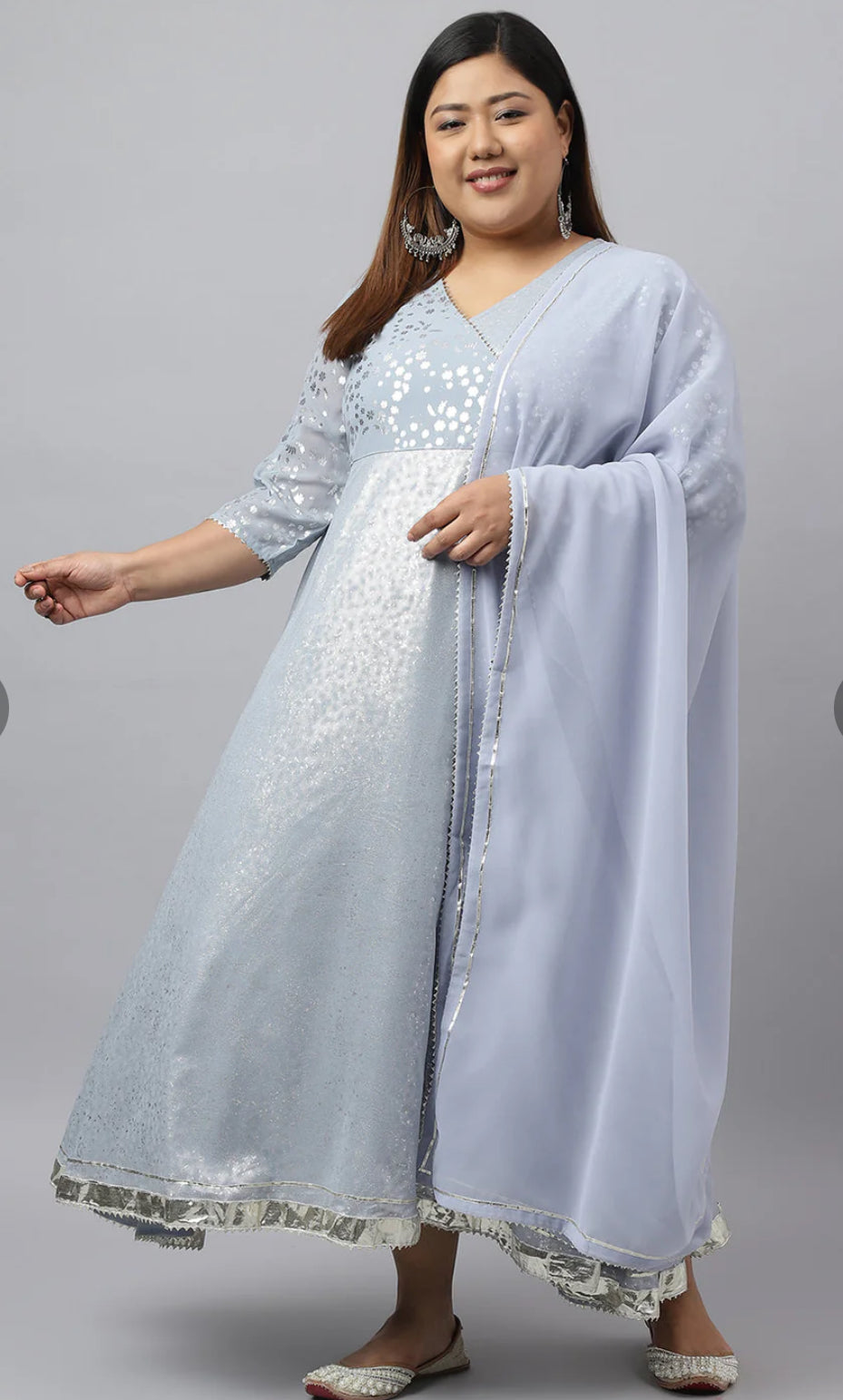 Grey Georgette Foil Printed Kurta with Dupatta