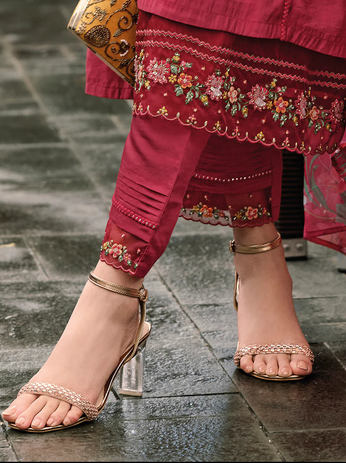 Red Embroidered A-Line Kurta Trousers With Dupatta Set