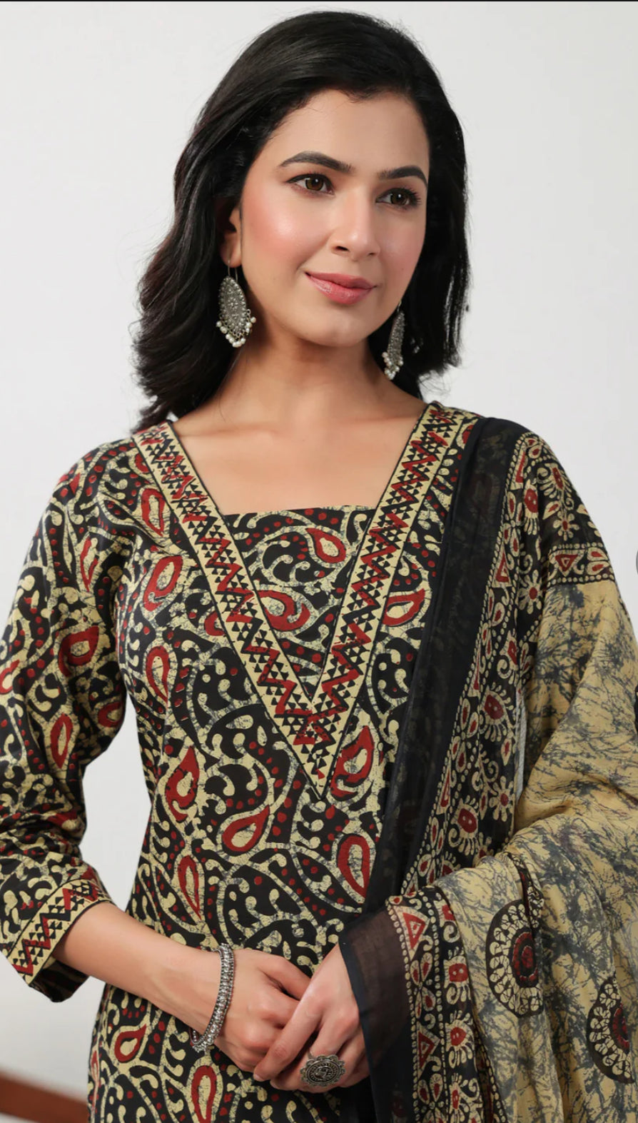 Black Cotton Batik Straight Kurta Set