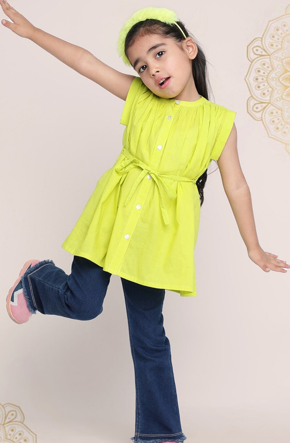 Girls Green Band Collar Extended Sleeves Cotton Top Indo-Silae